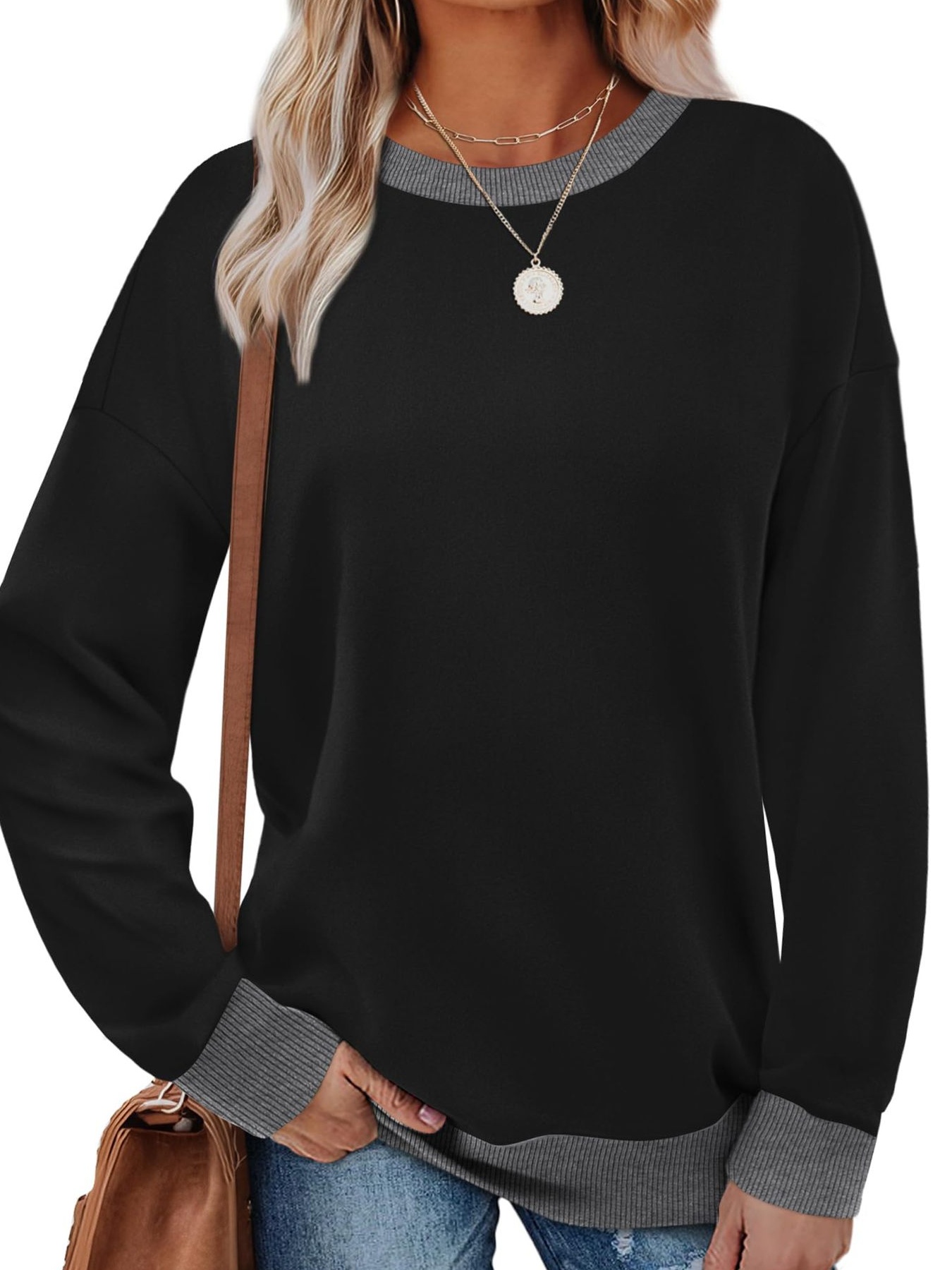 Contrast Trim Crew Neck Casual Sweatshirt