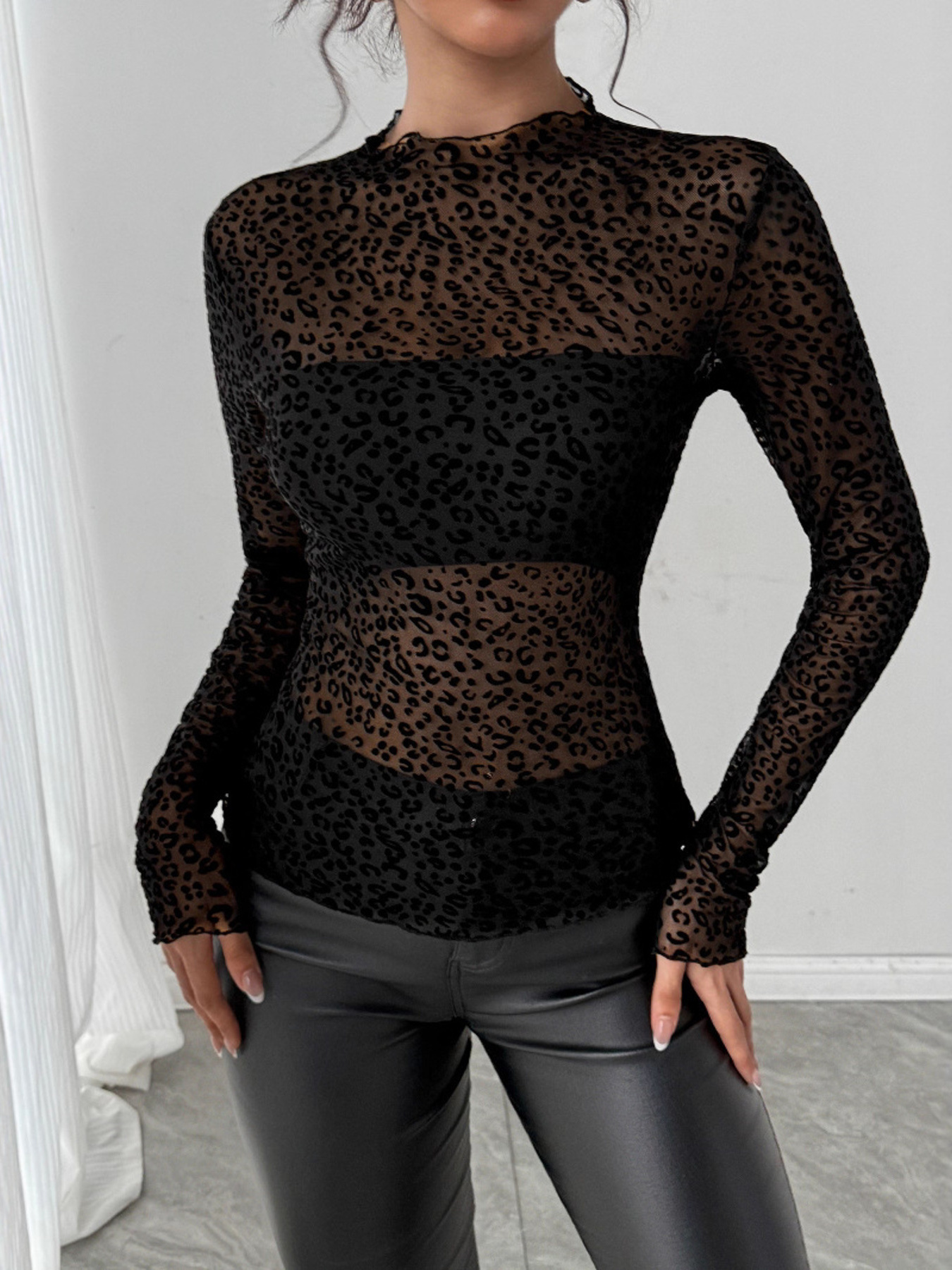 Leopard Print Mesh Long Sleeve T-Shirt