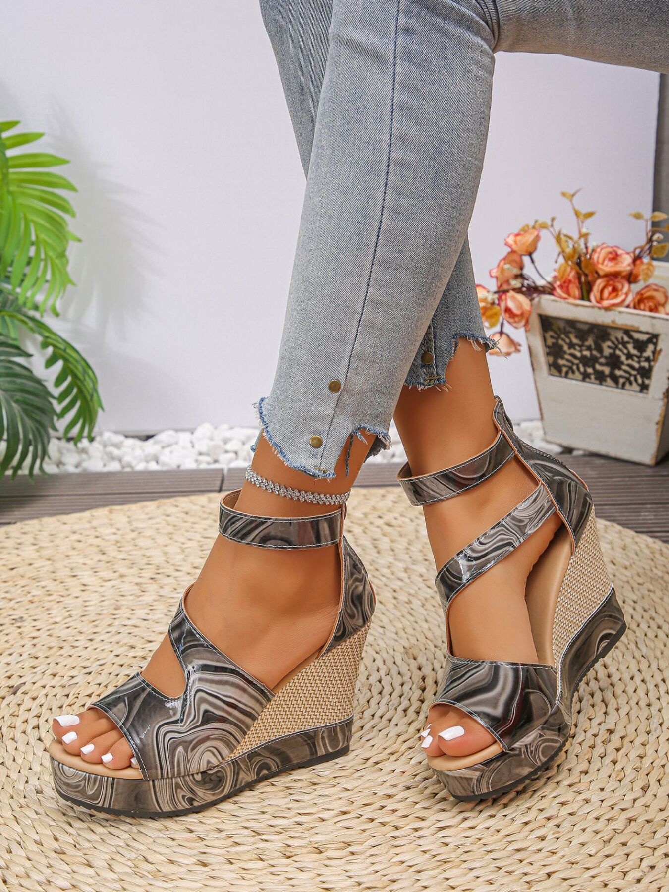 Platform Wedge Sandals with Ankle Strap