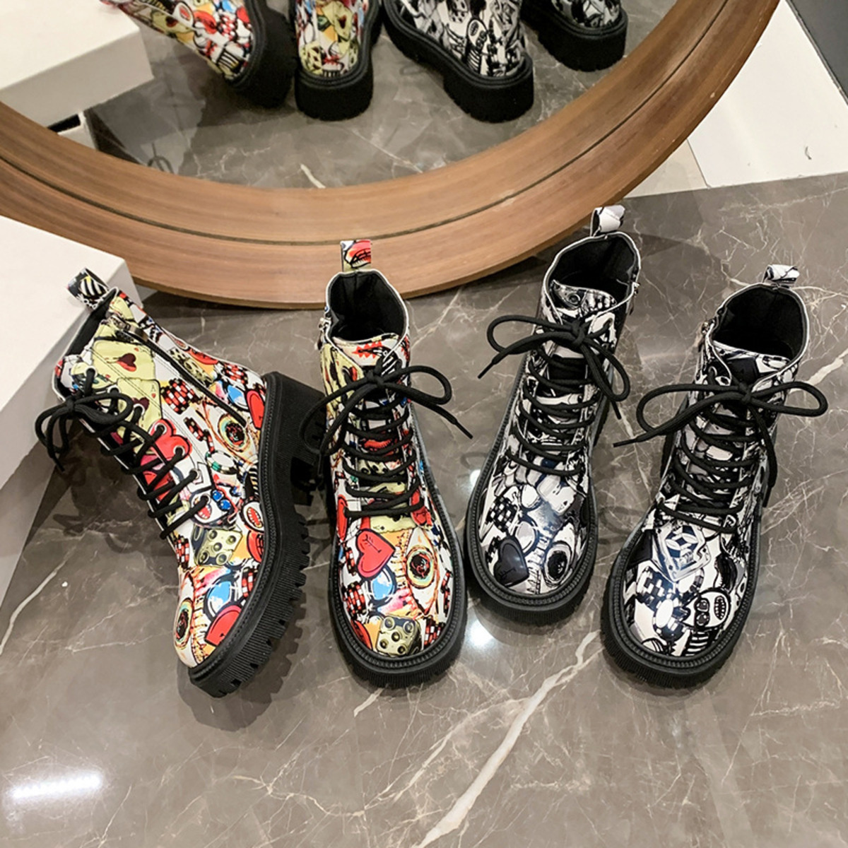 Graffiti Print Combat Boots with Colorful Street Art Design