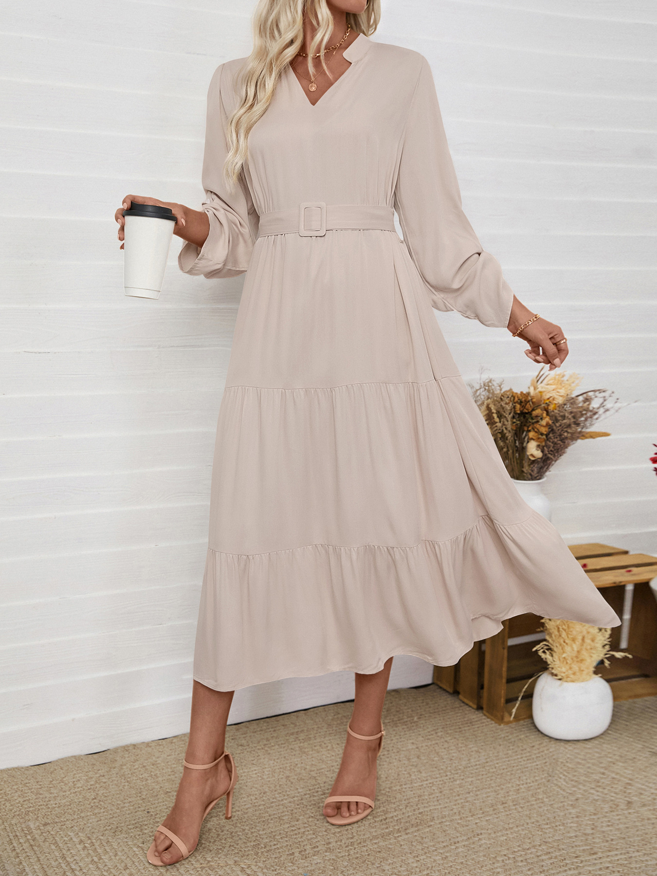 Tiered Notched Belted Midi Dress