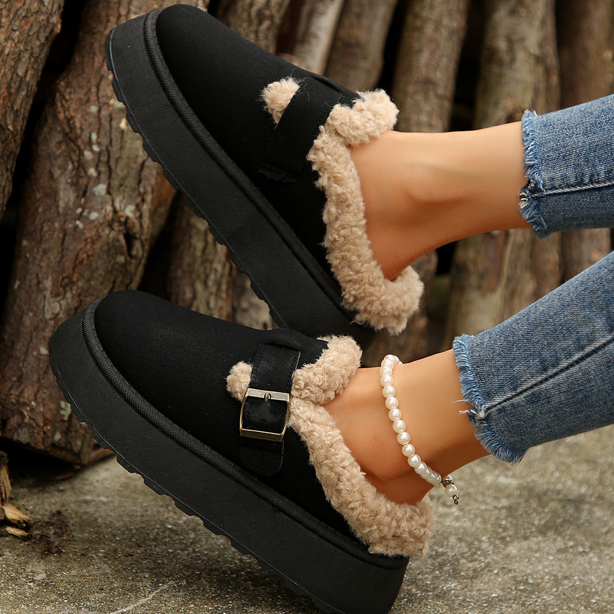 Fuzzy Trim Buckle Platform Slippers
