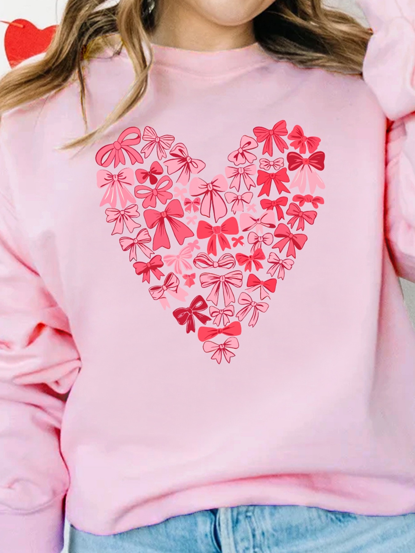 Bow Printed Big Heart Valentines Day Pullover Sweatshirt