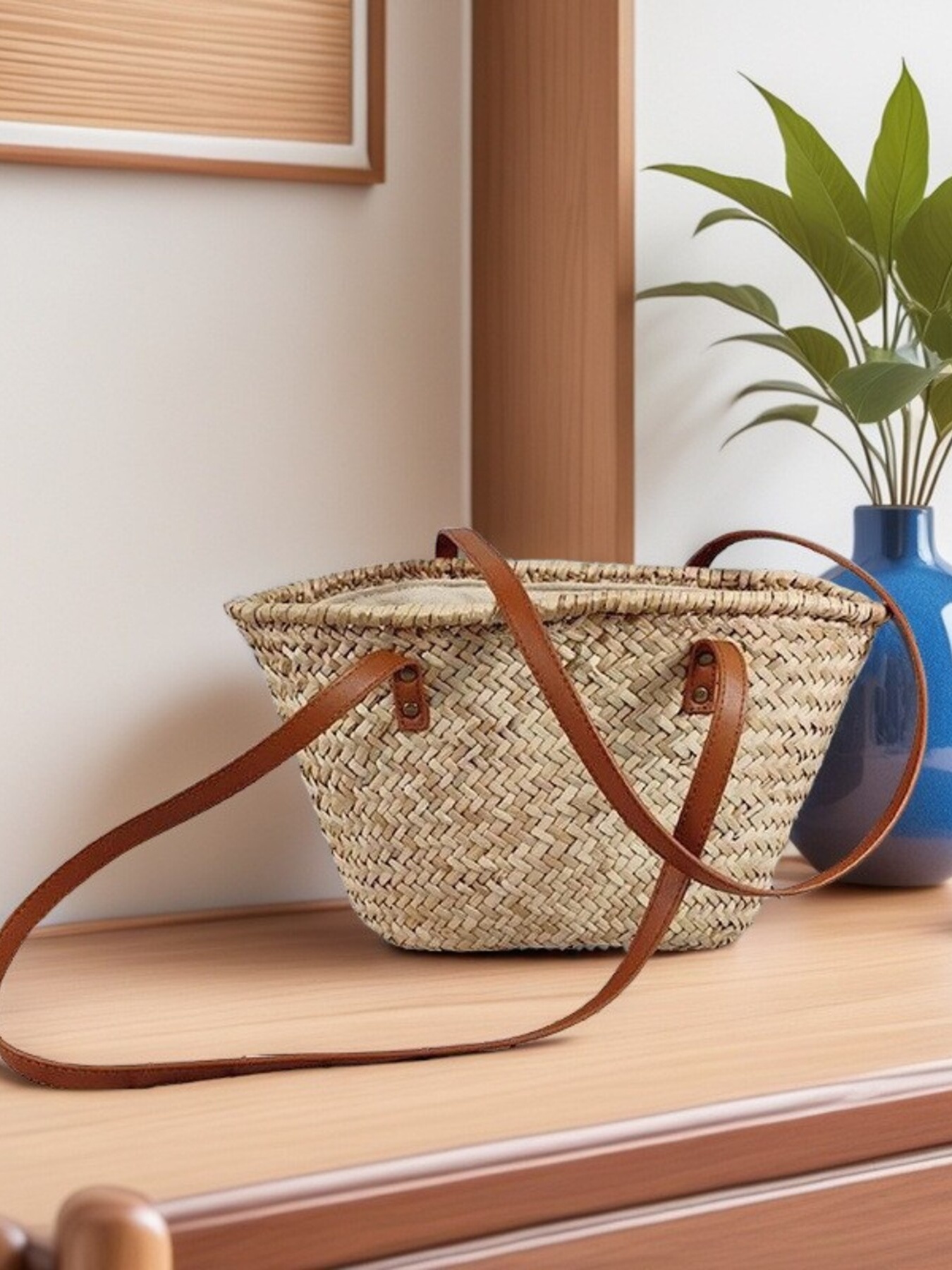 Woven Straw Shoulder Bag with Leather Accents