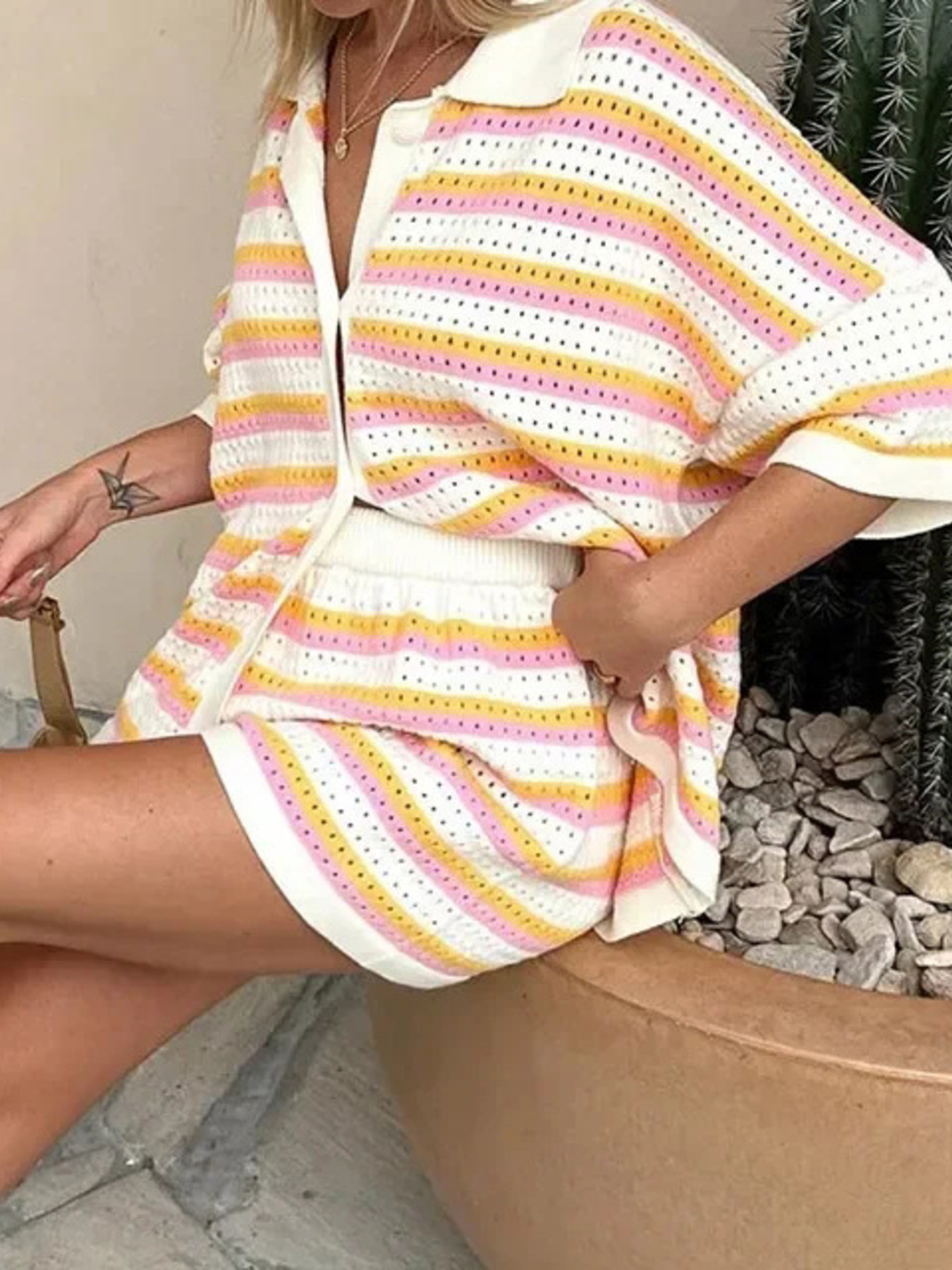 Striped Eyelet Button Up Shirt And Shorts Set