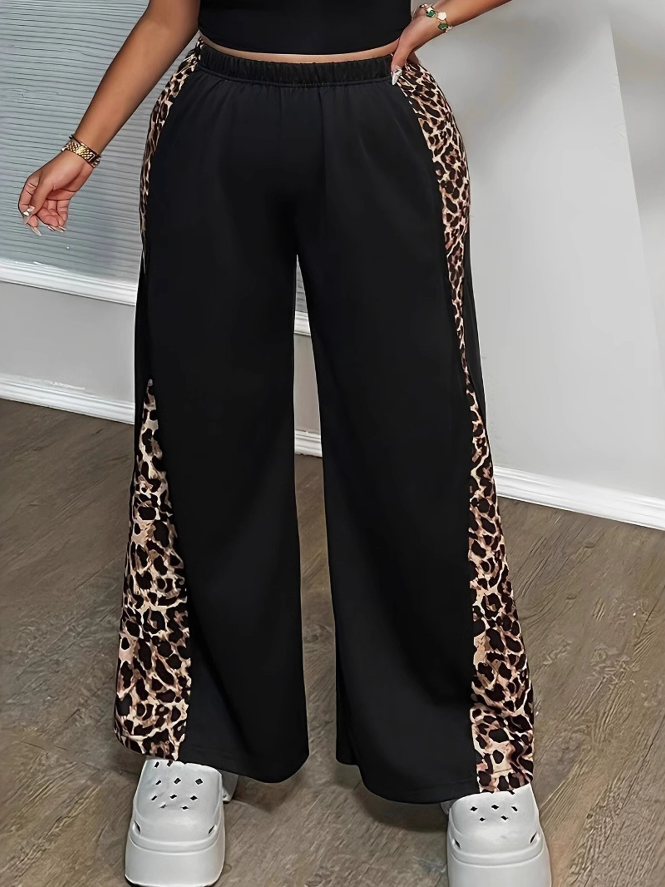 Plus Size Leopard Print Wide Leg Pants