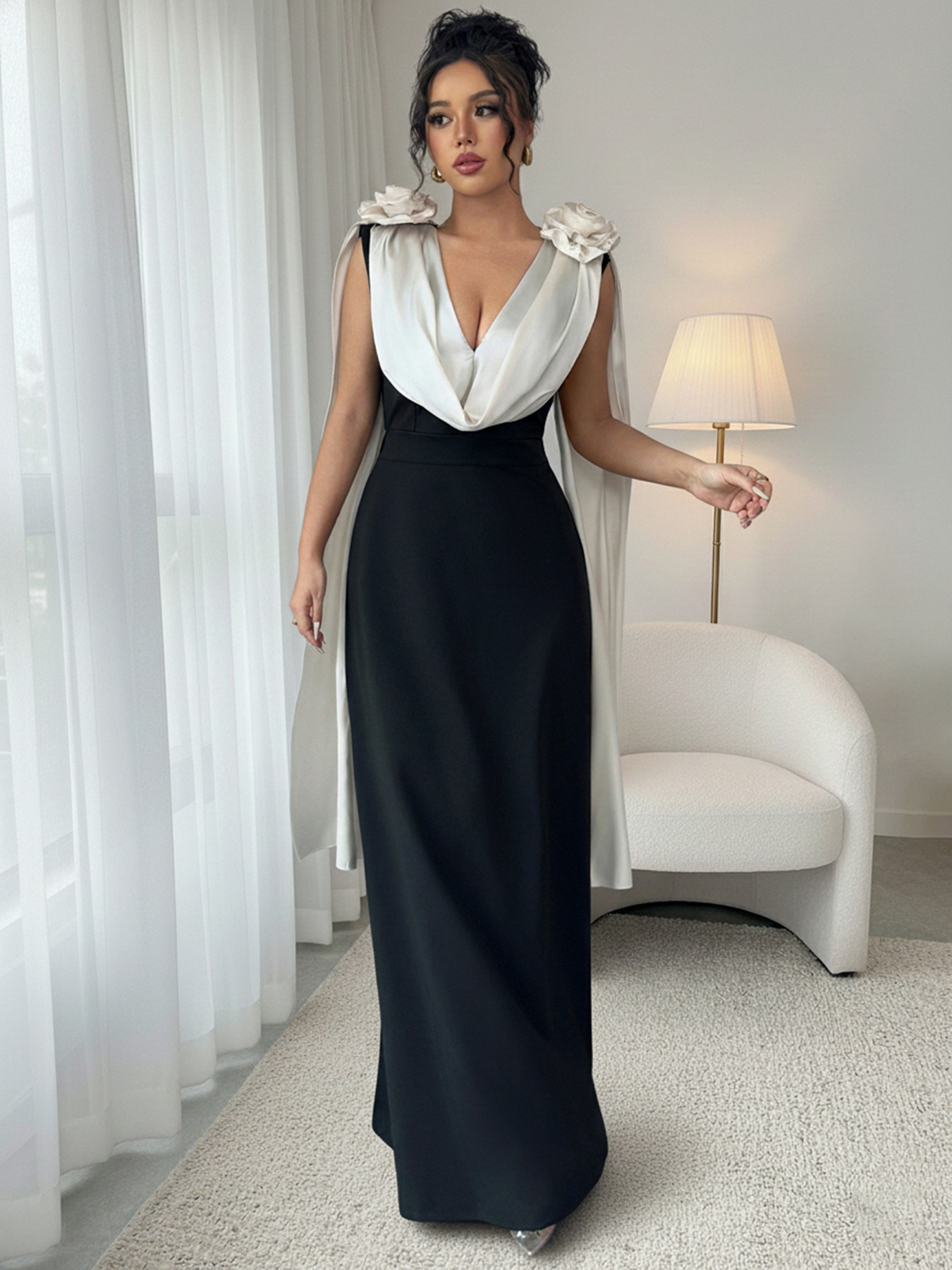 Floral Applique Two Tone Maxi Dress