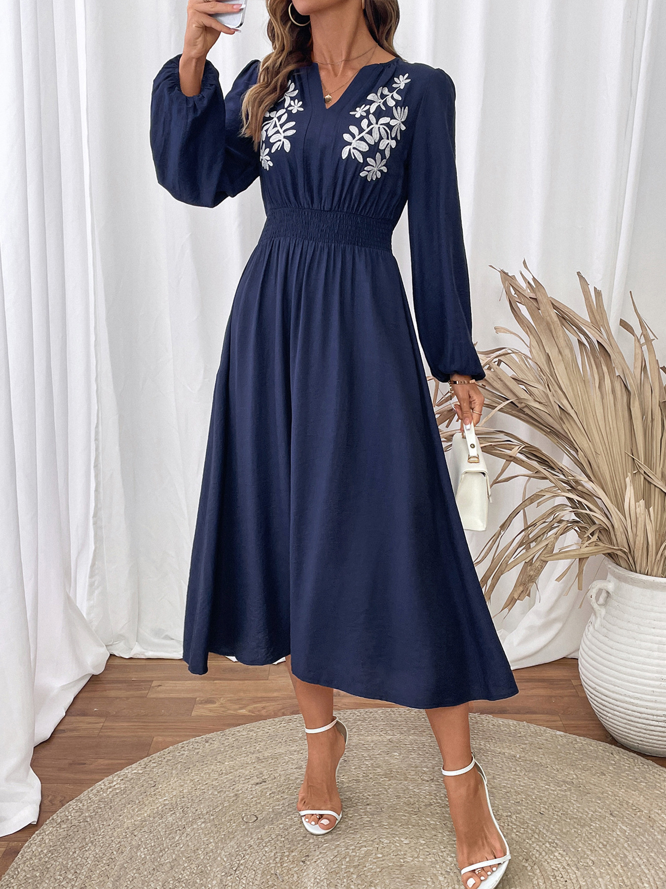 Embroidered Notched Long Sleeve Midi Dress