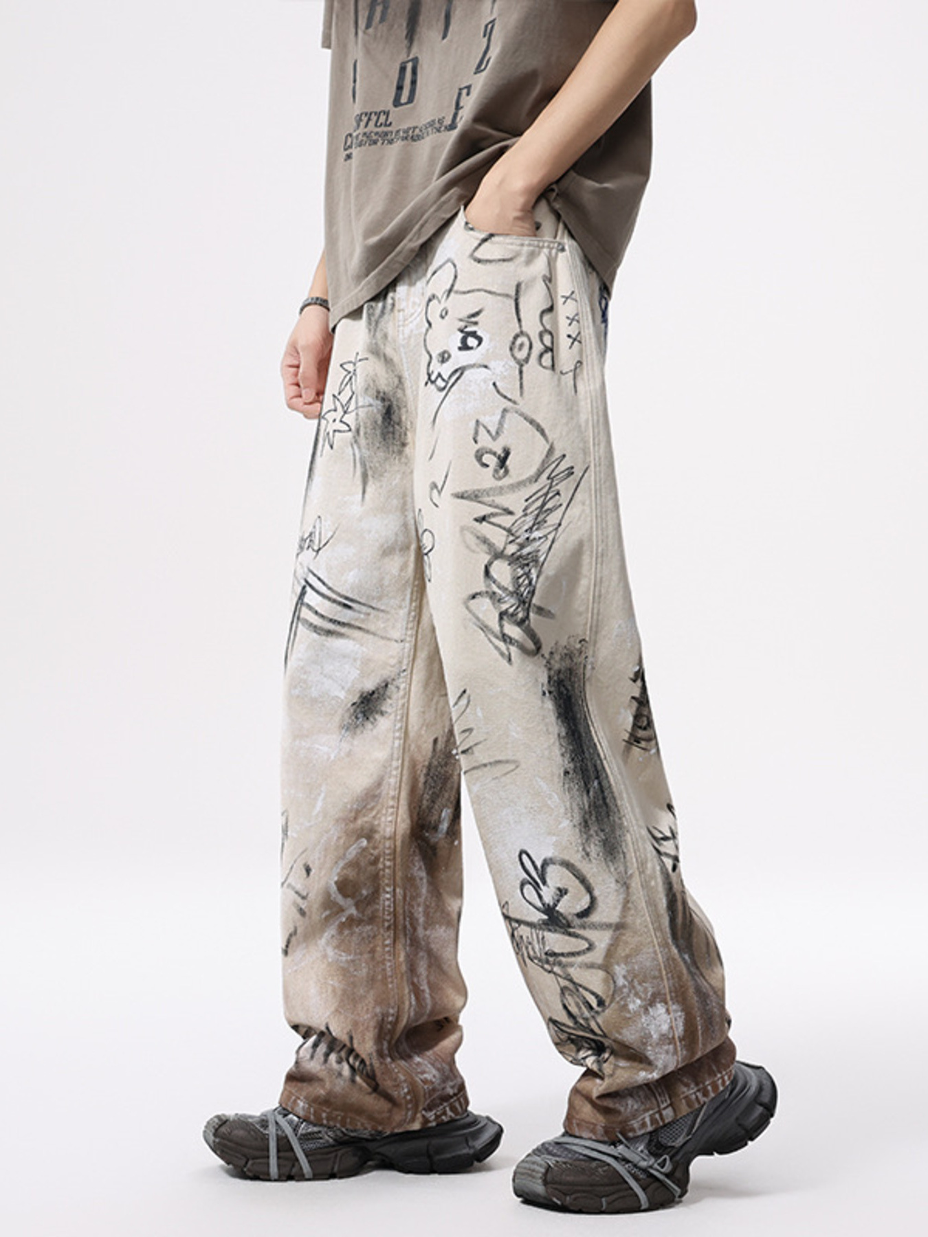 Men's Graffiti Print Wide Leg Jeans