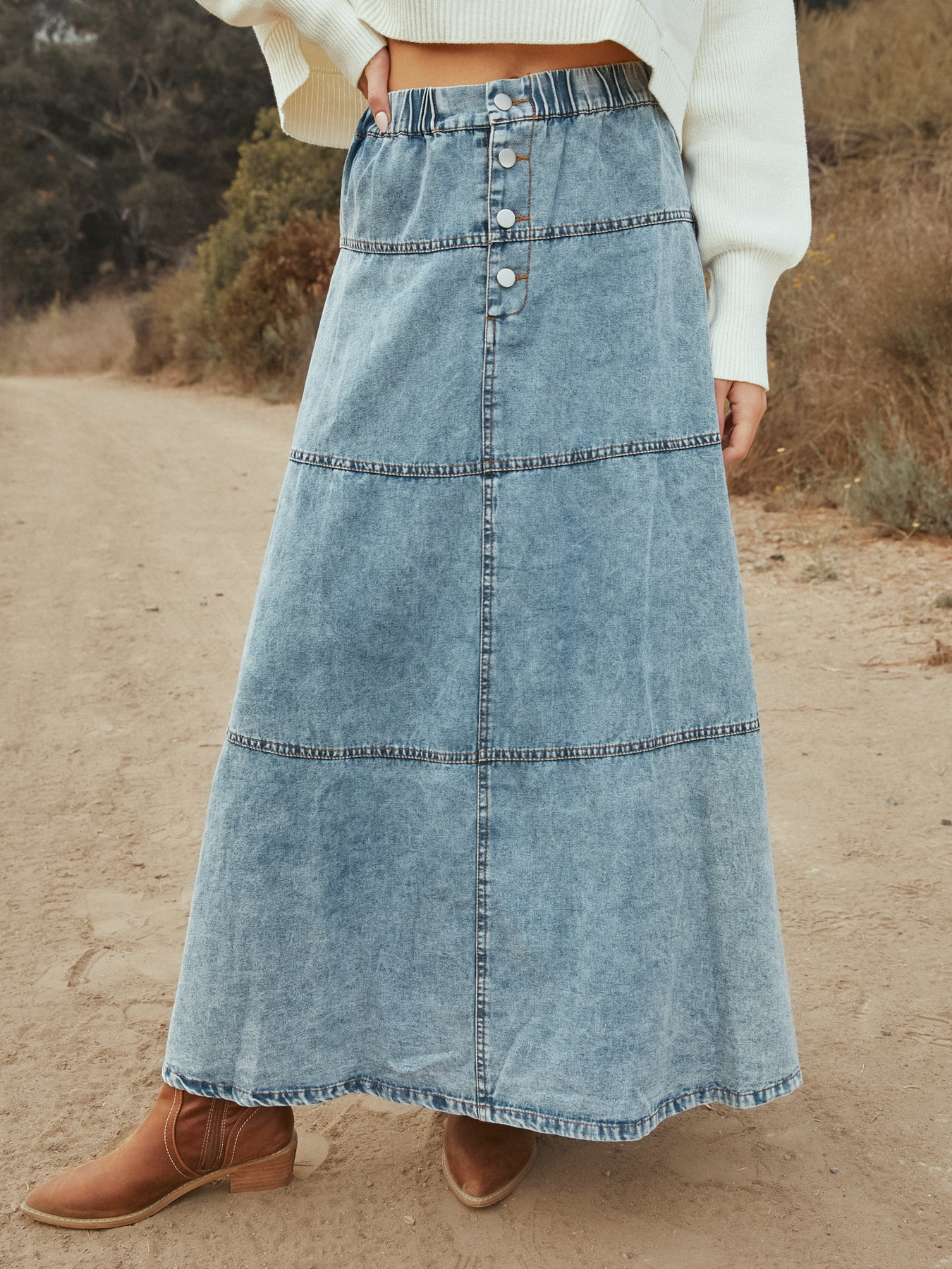 Button-Front Tiered Maxi Denim Skirt