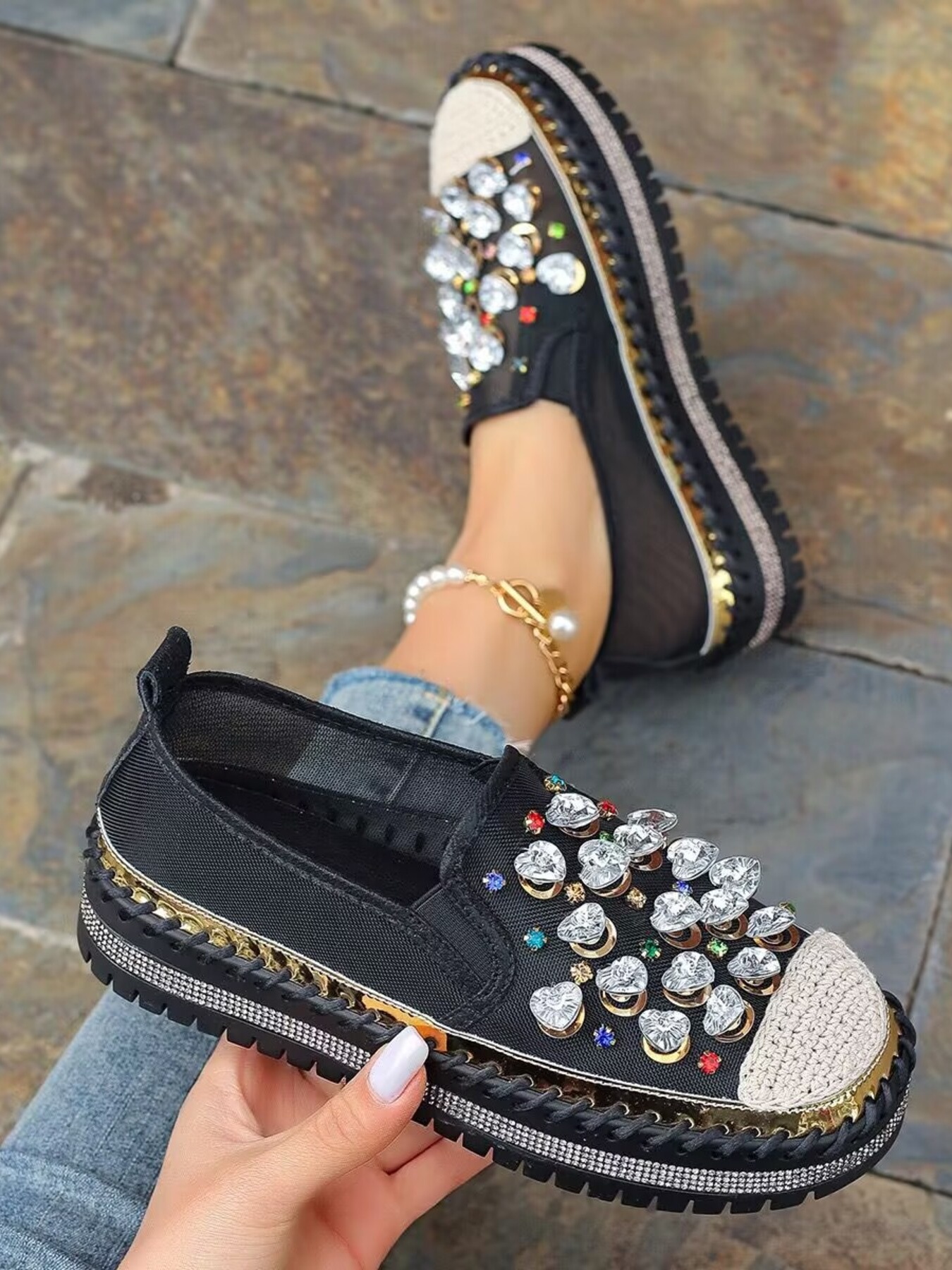 Rhinestone Platform Slip-Ons