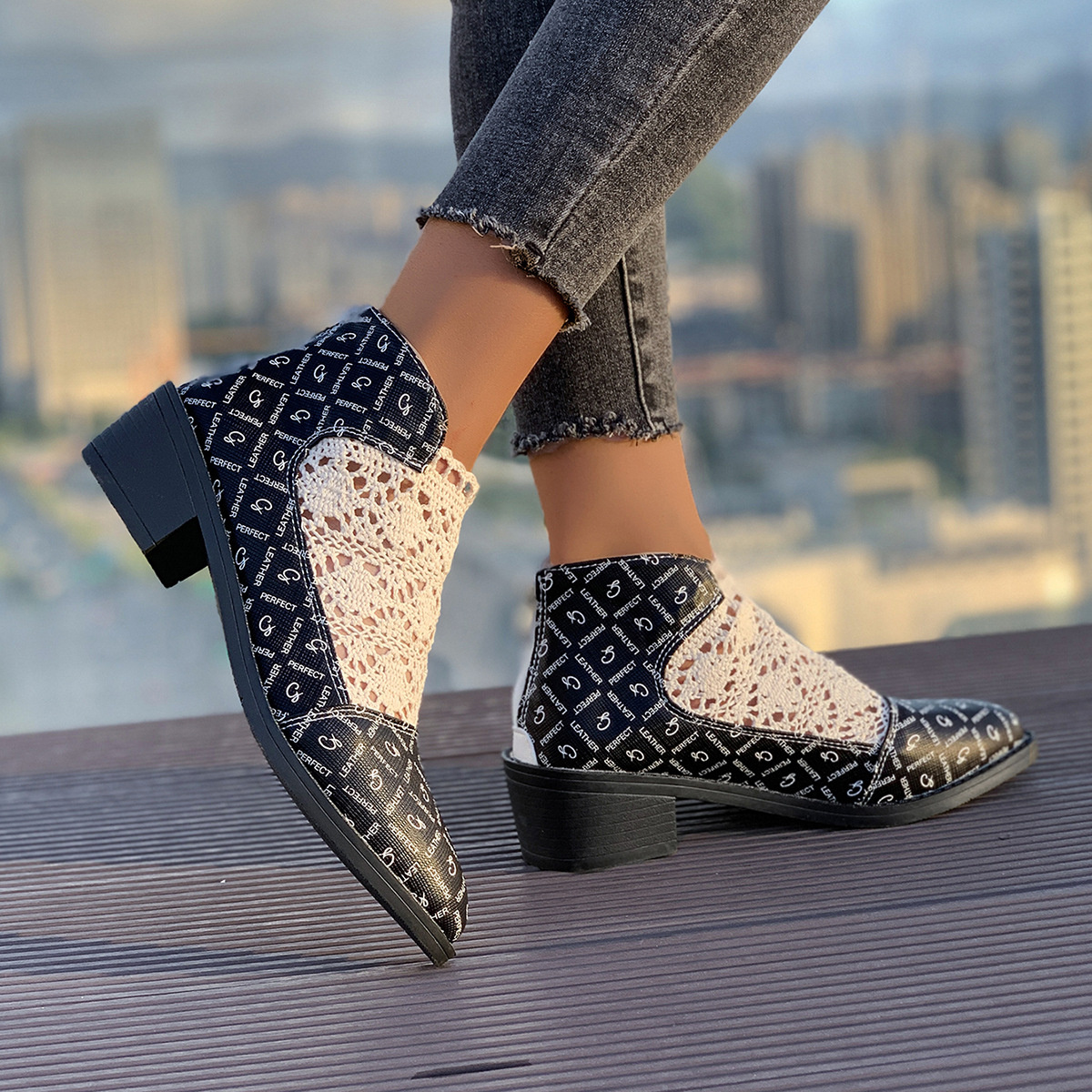 Printed Point Toe Block Heels Boots