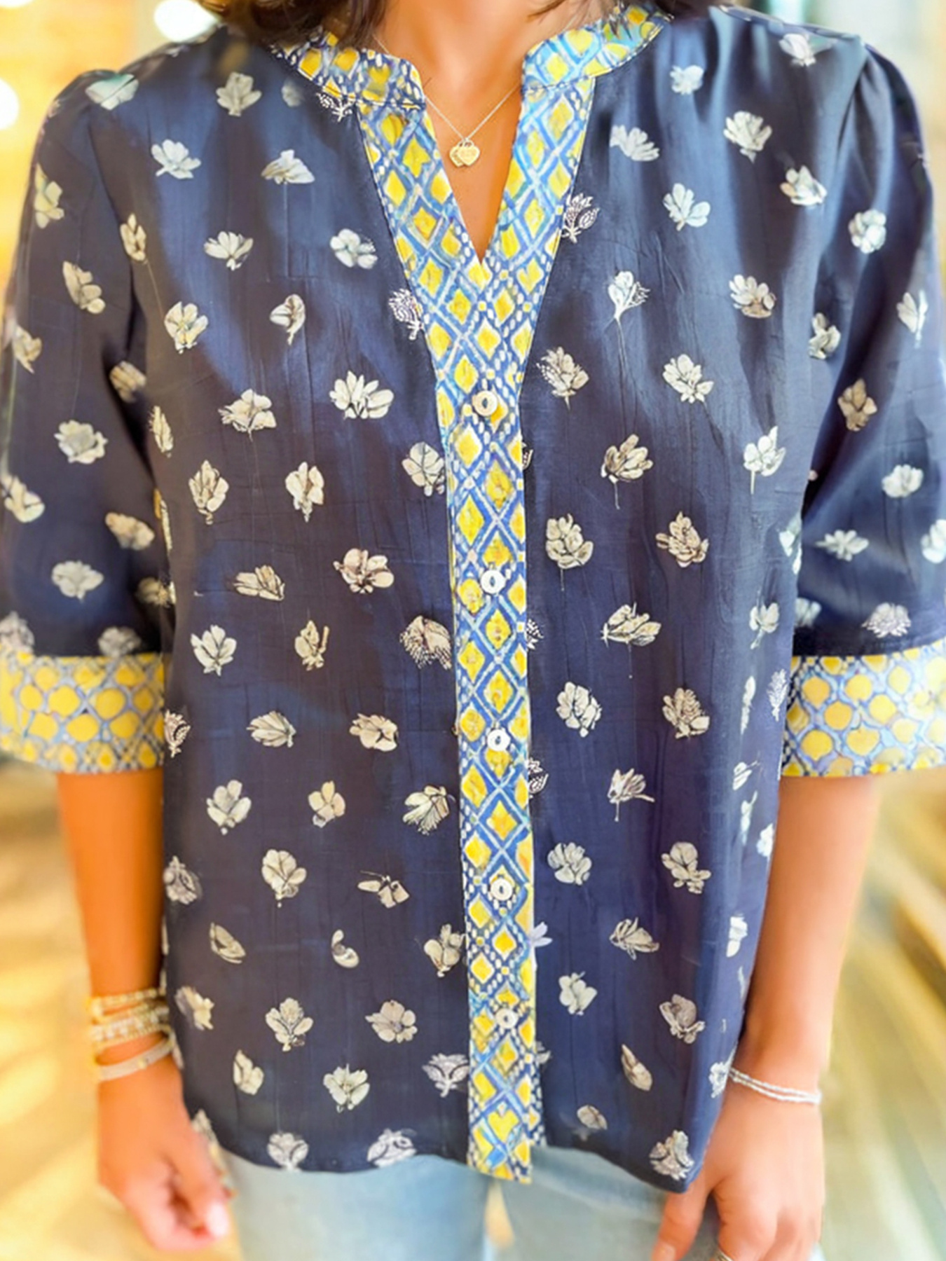 Floral Print Half Sleeve Contrast Trim Blouse