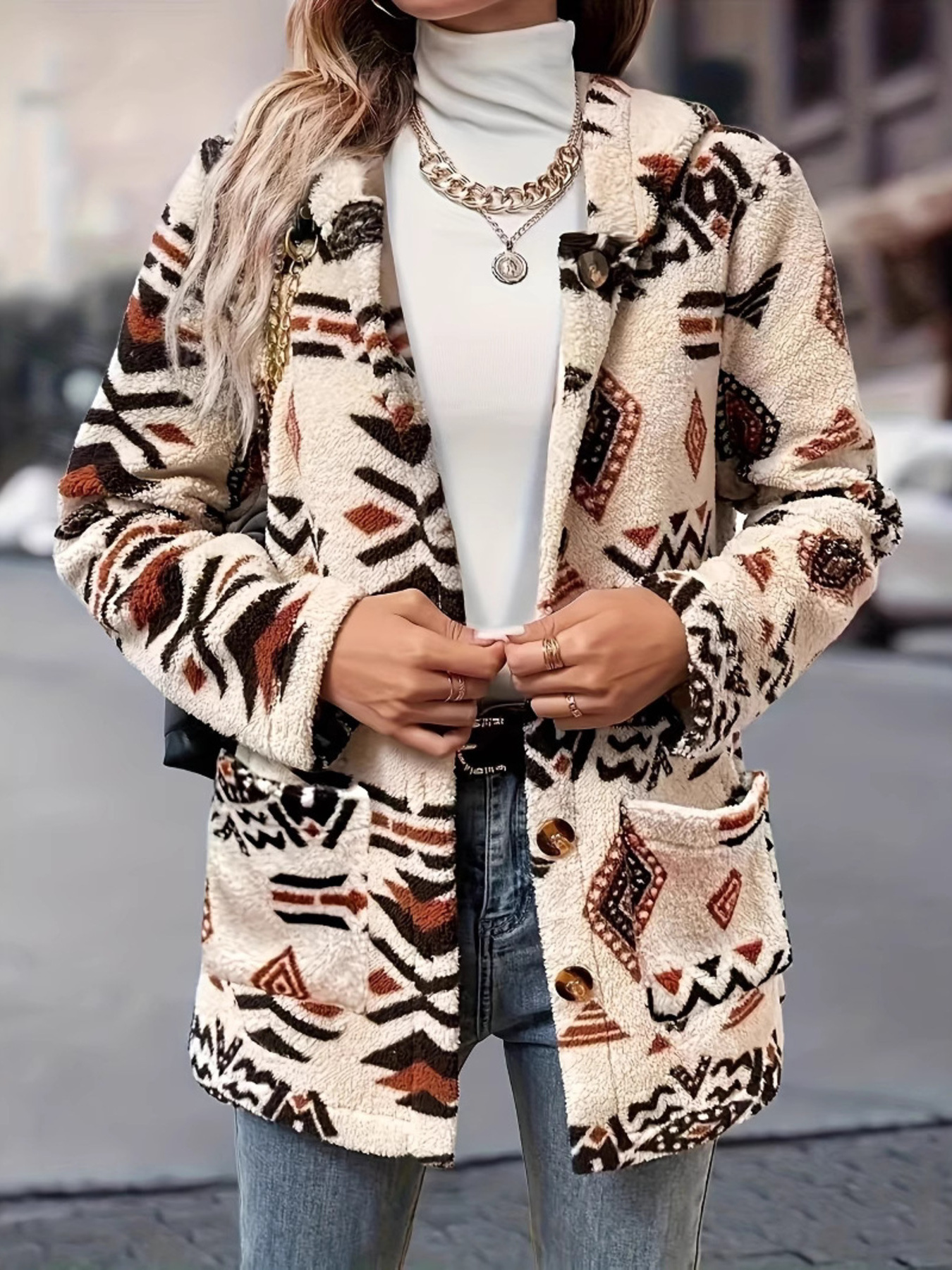 Ethnic Pattern Button-Up Fleece Outerwear