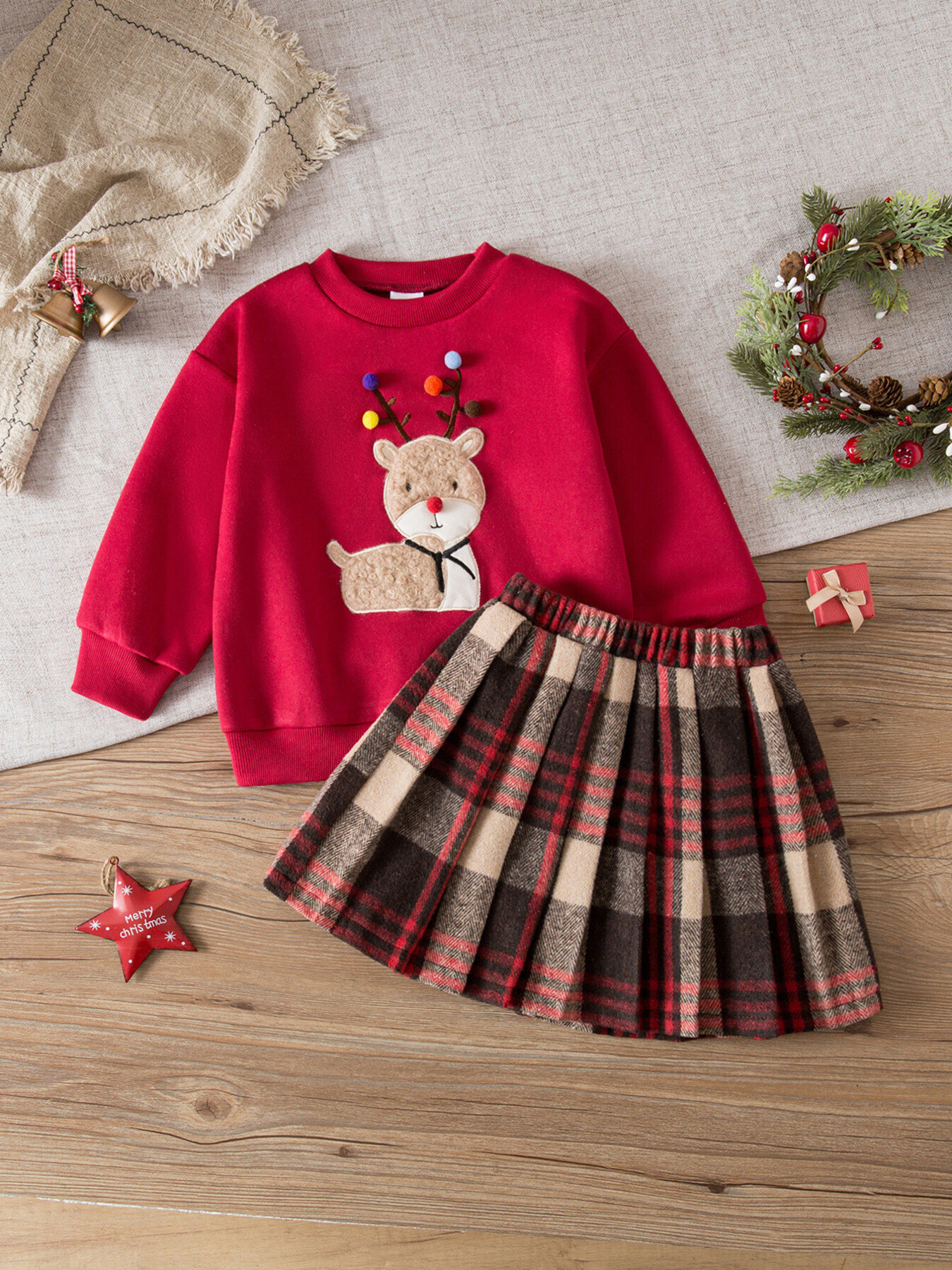 Children's Christmas Reindeer Sweatshirt & Plaid Skirt Set