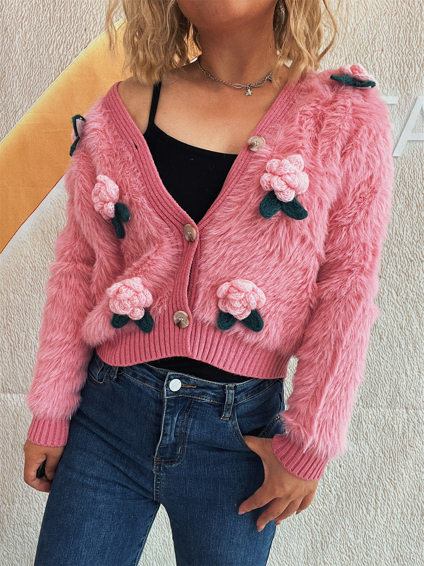Flower Fuzzy Button-Up Cardigan