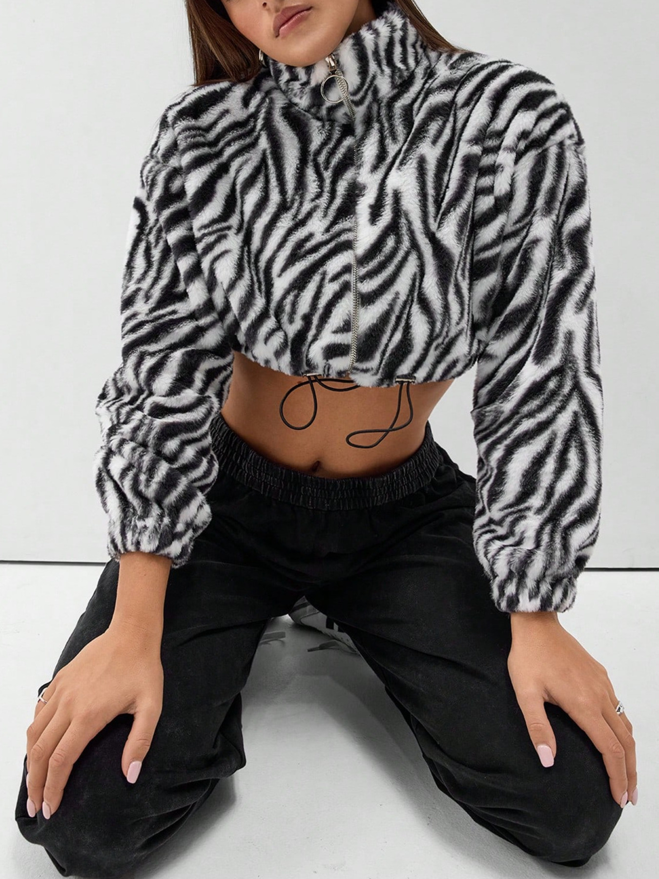 Zebra Print Plush Cropped Jacket