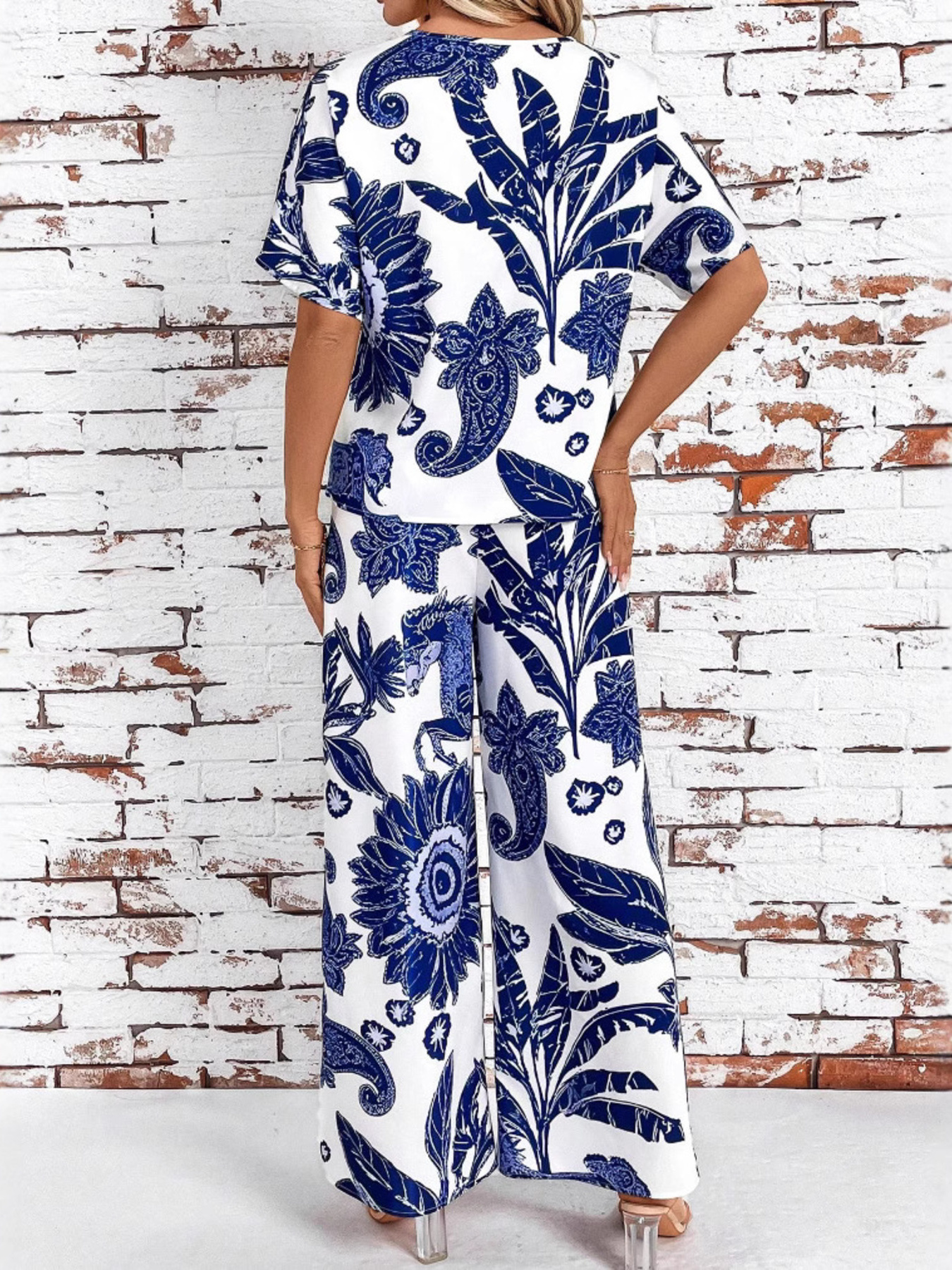 Printed V-Neck Top and Wide Leg Pants Set