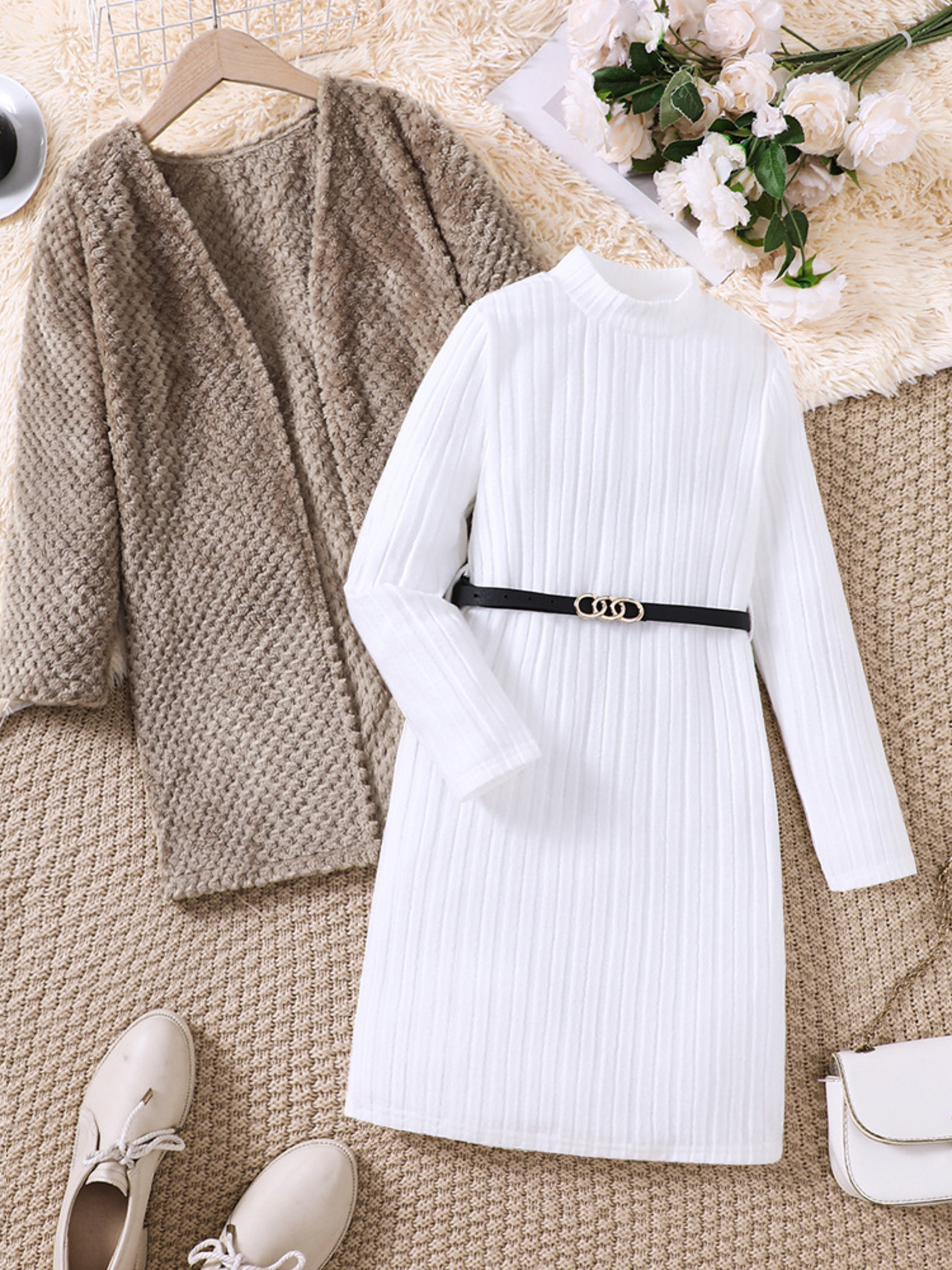 Children's Textured Sweater Dress and Open Front Cardigan Set