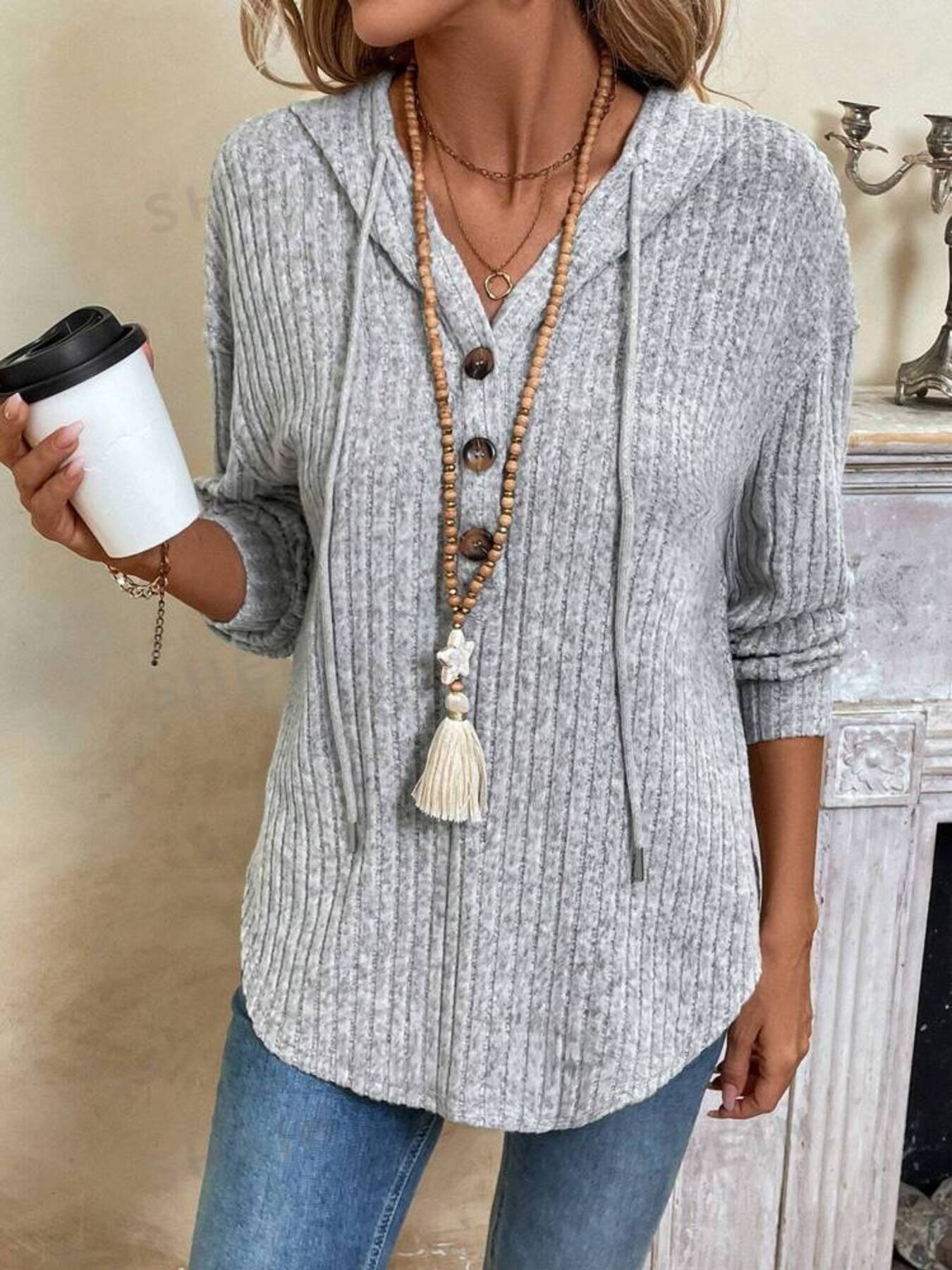 Casual Ribbed Button Detail Hoodie