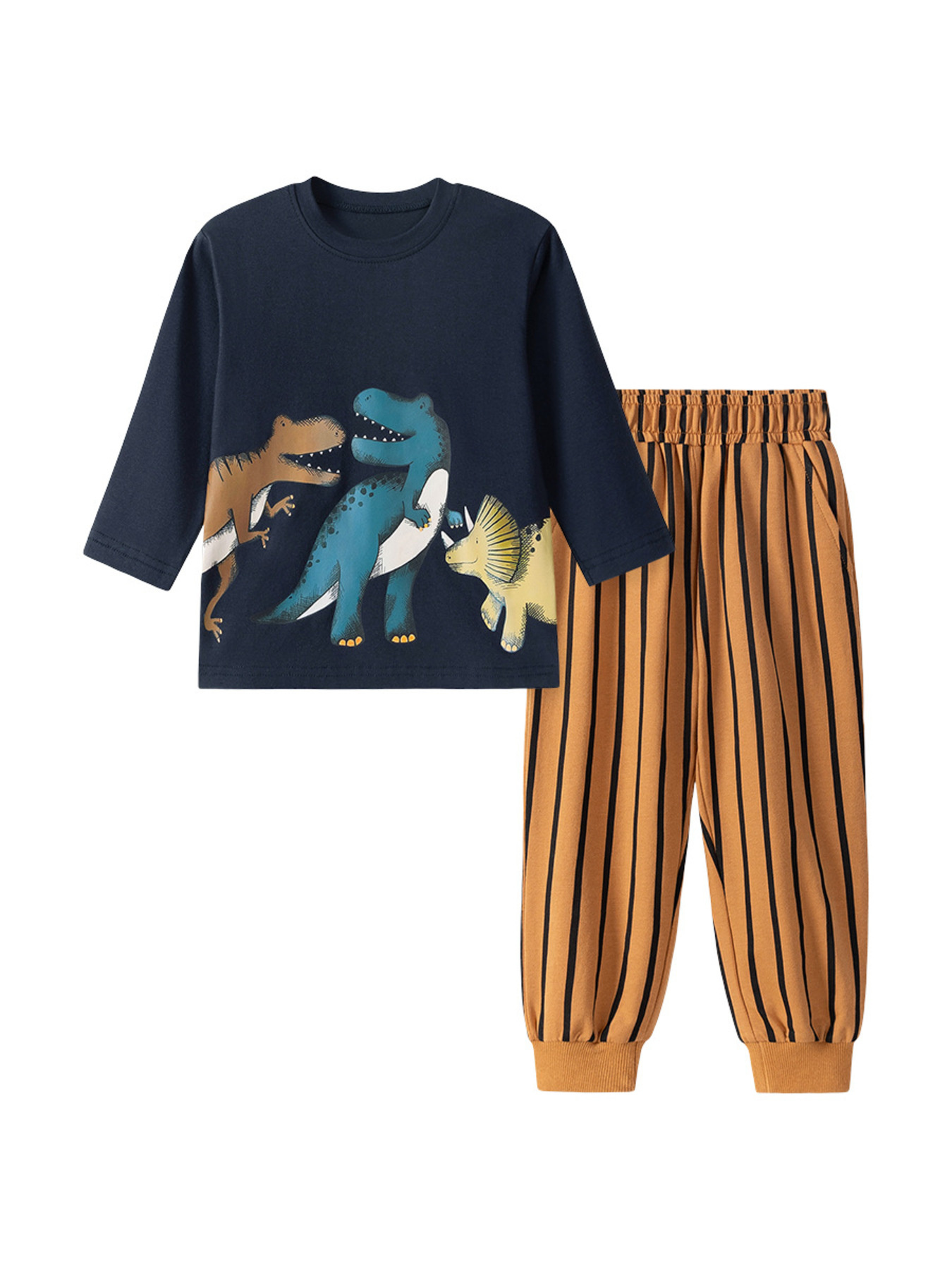 Children's Dinosaur Print Long Sleeve Top & Striped Pants Set