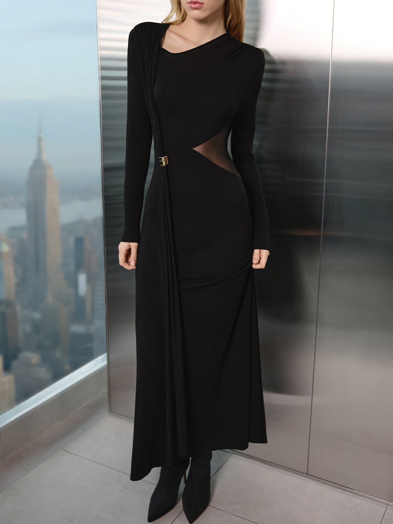 Long Sleeve Maxi Dress with Sheer Panel