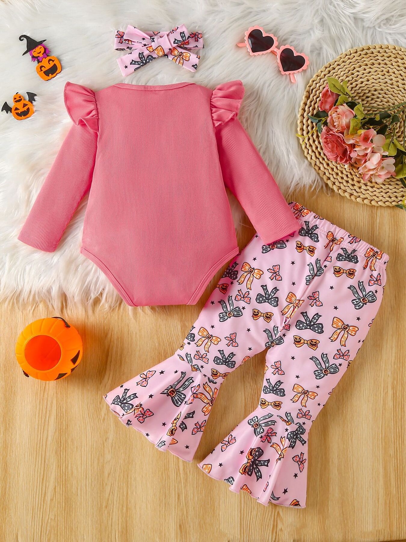 Children's Halloween Graphic Top and Pants 3-Piece Set with Headband