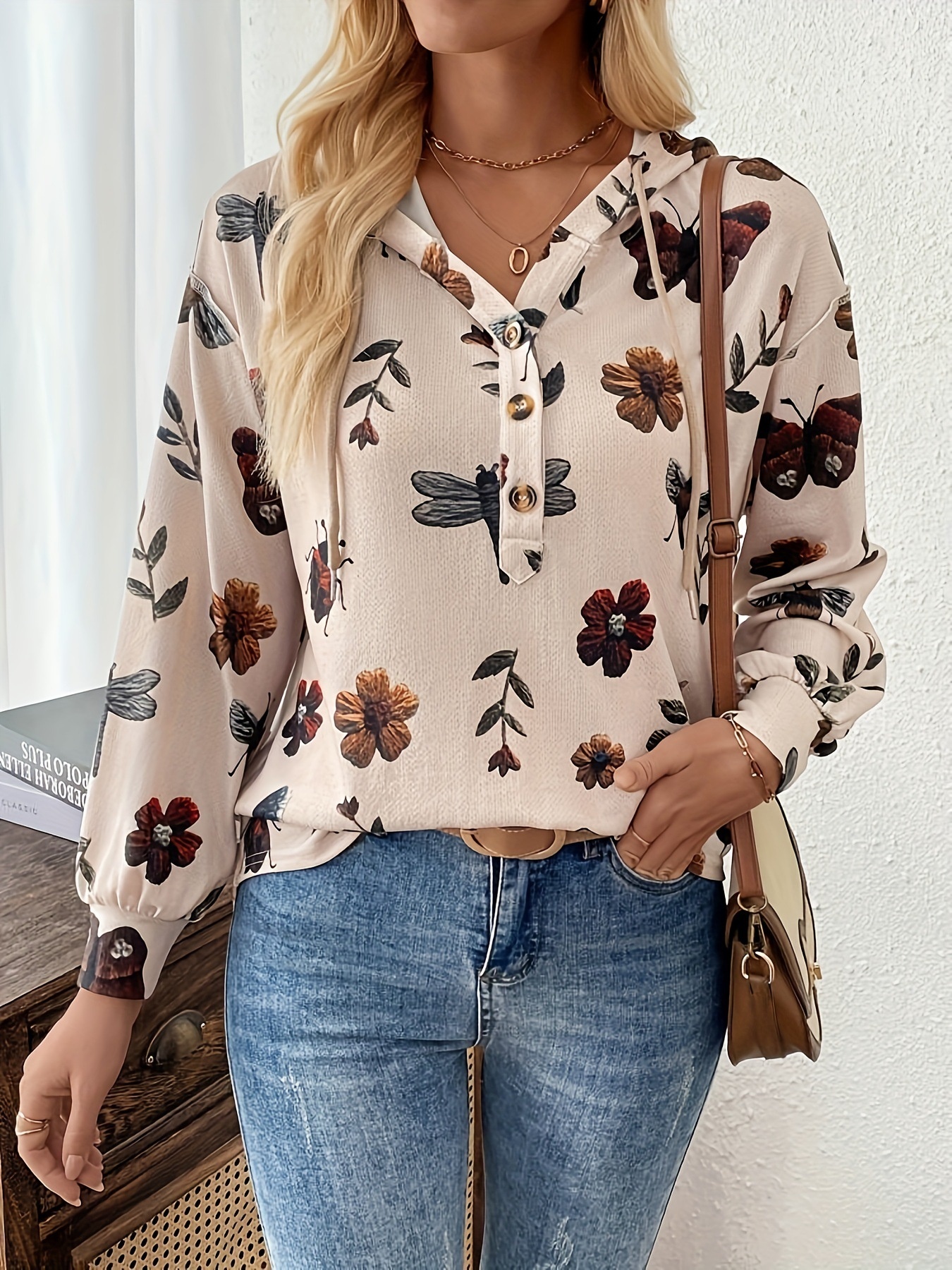 Drawstring Button Front Printed Hoodie