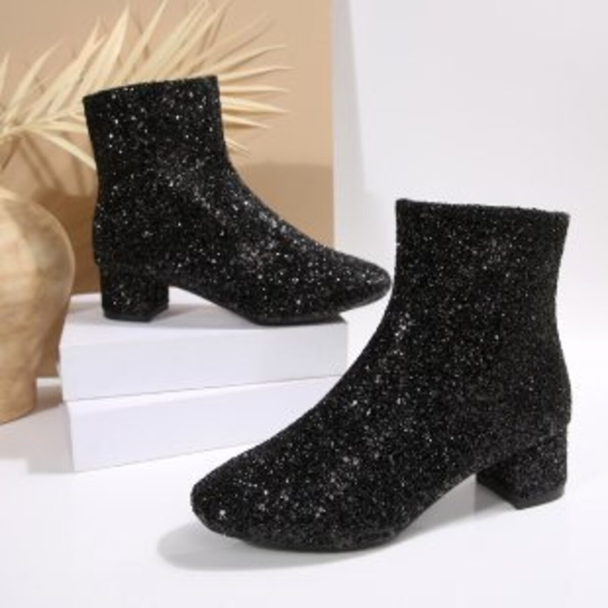 Sequin Block Heels Boots