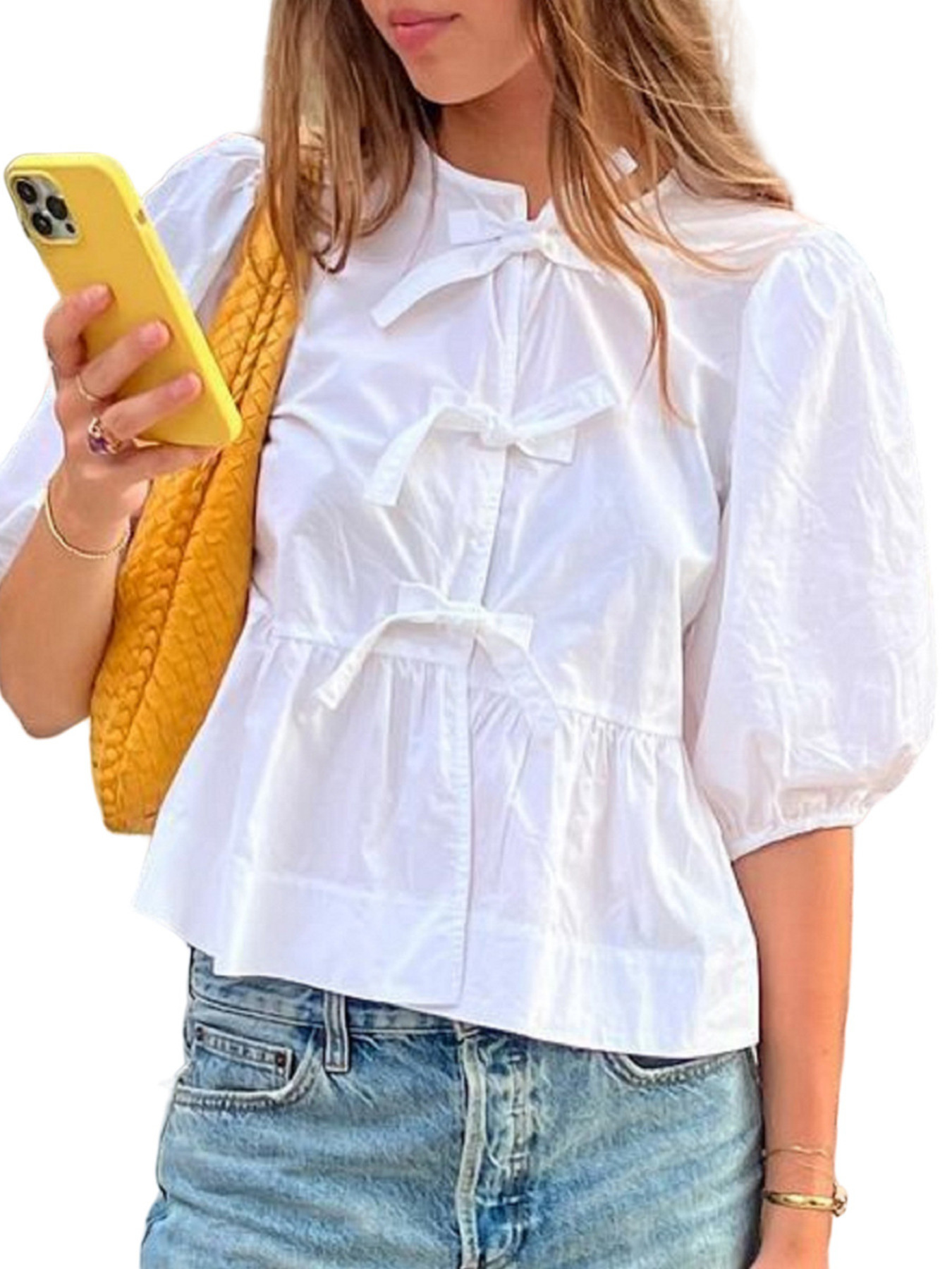Puff Sleeve Bow Tie Blouse