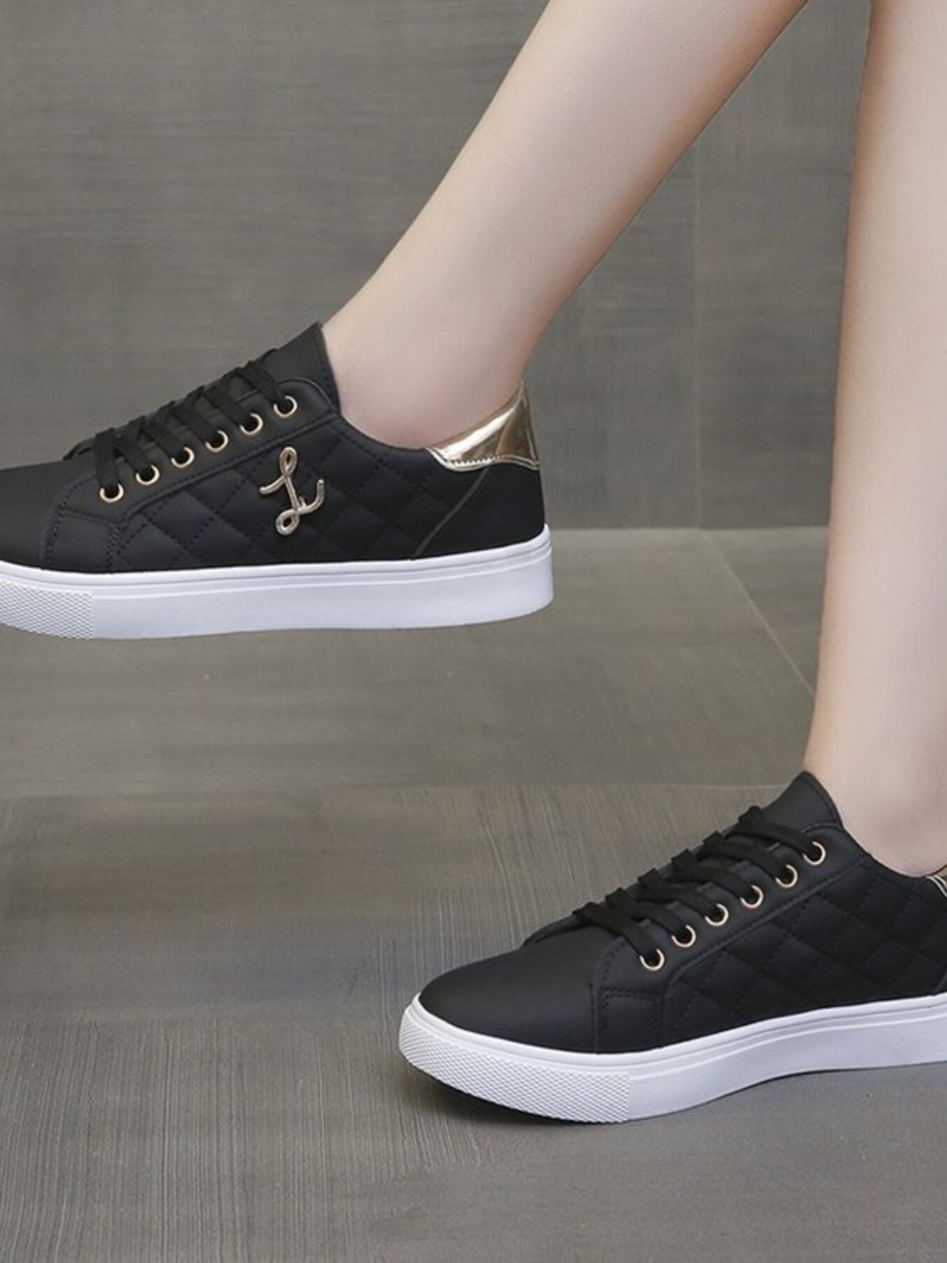 Quilted Platform Sneakers with Metallic Gold Accents