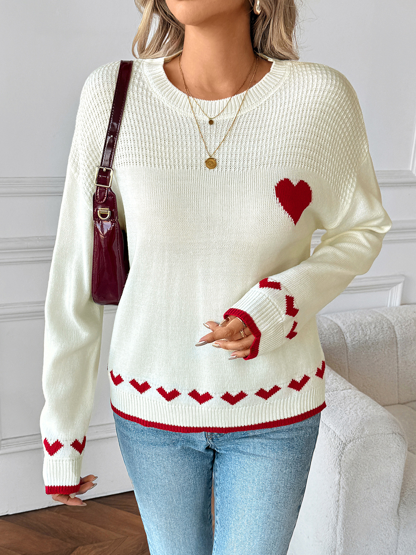 Heart Pattern Dropped Shoulder Sweater