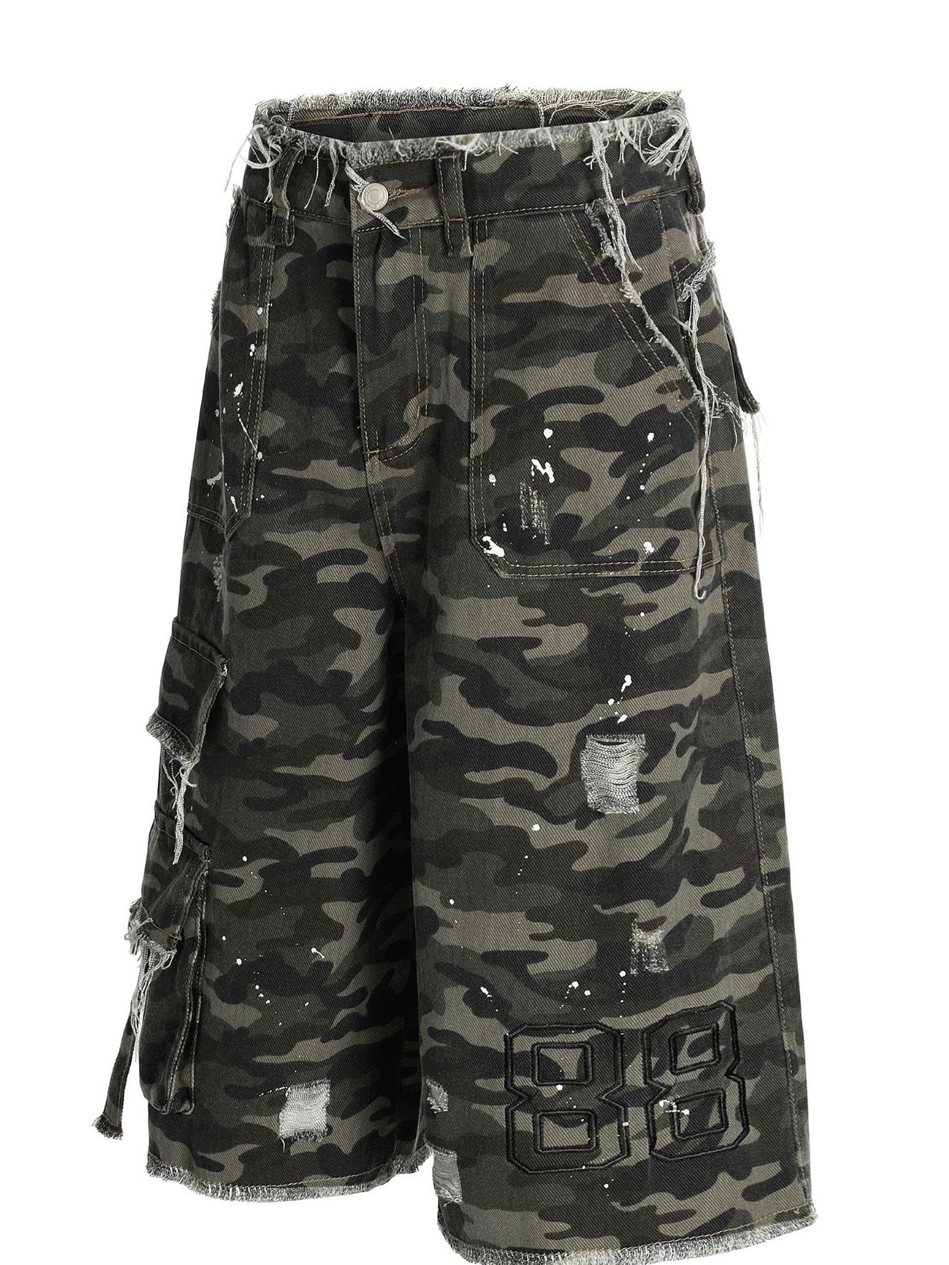 Men's Distressed Camo Print Cargo Denim Shorts