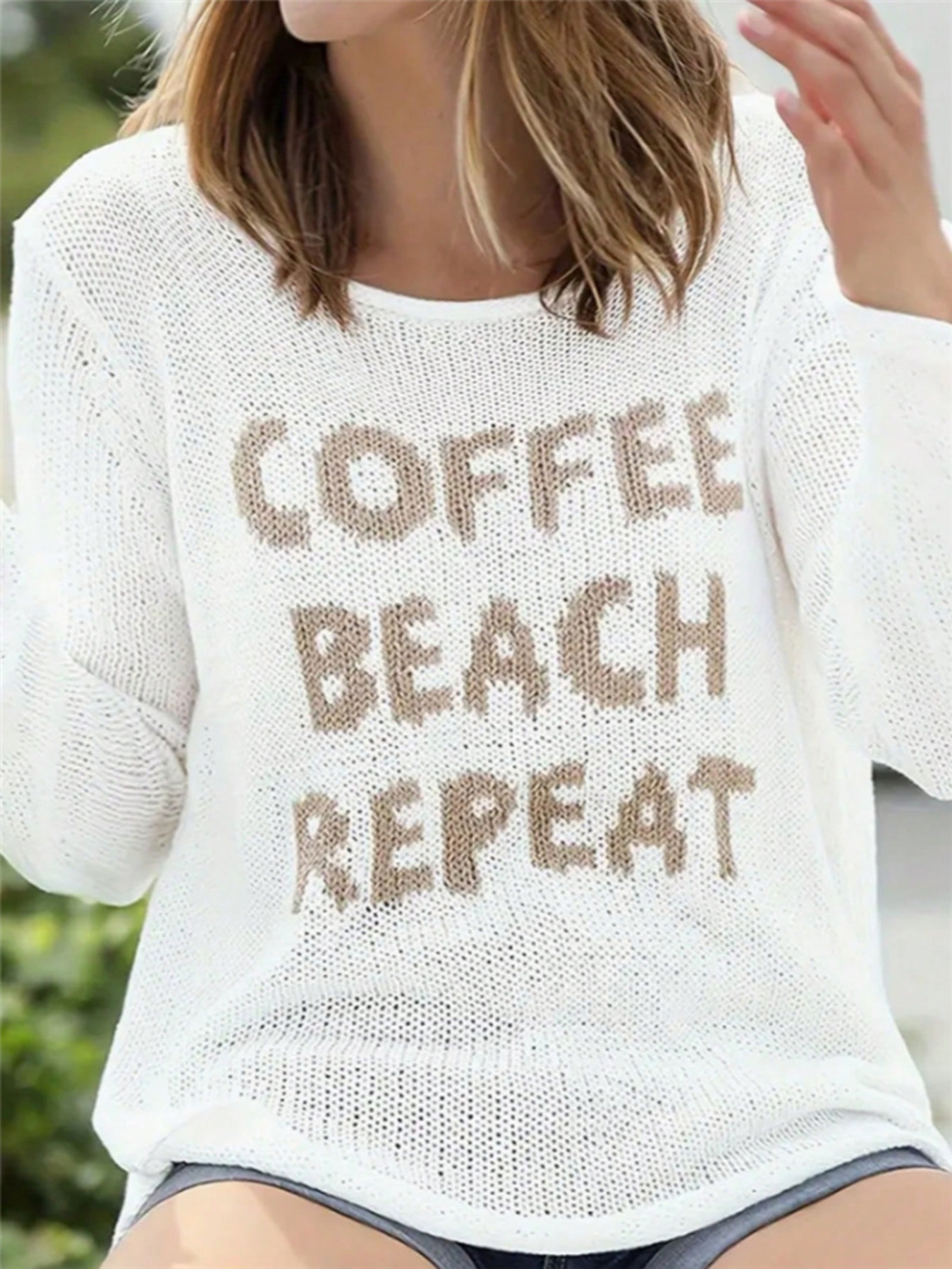 Coffee Beach Letter Side Slit Knit Top
