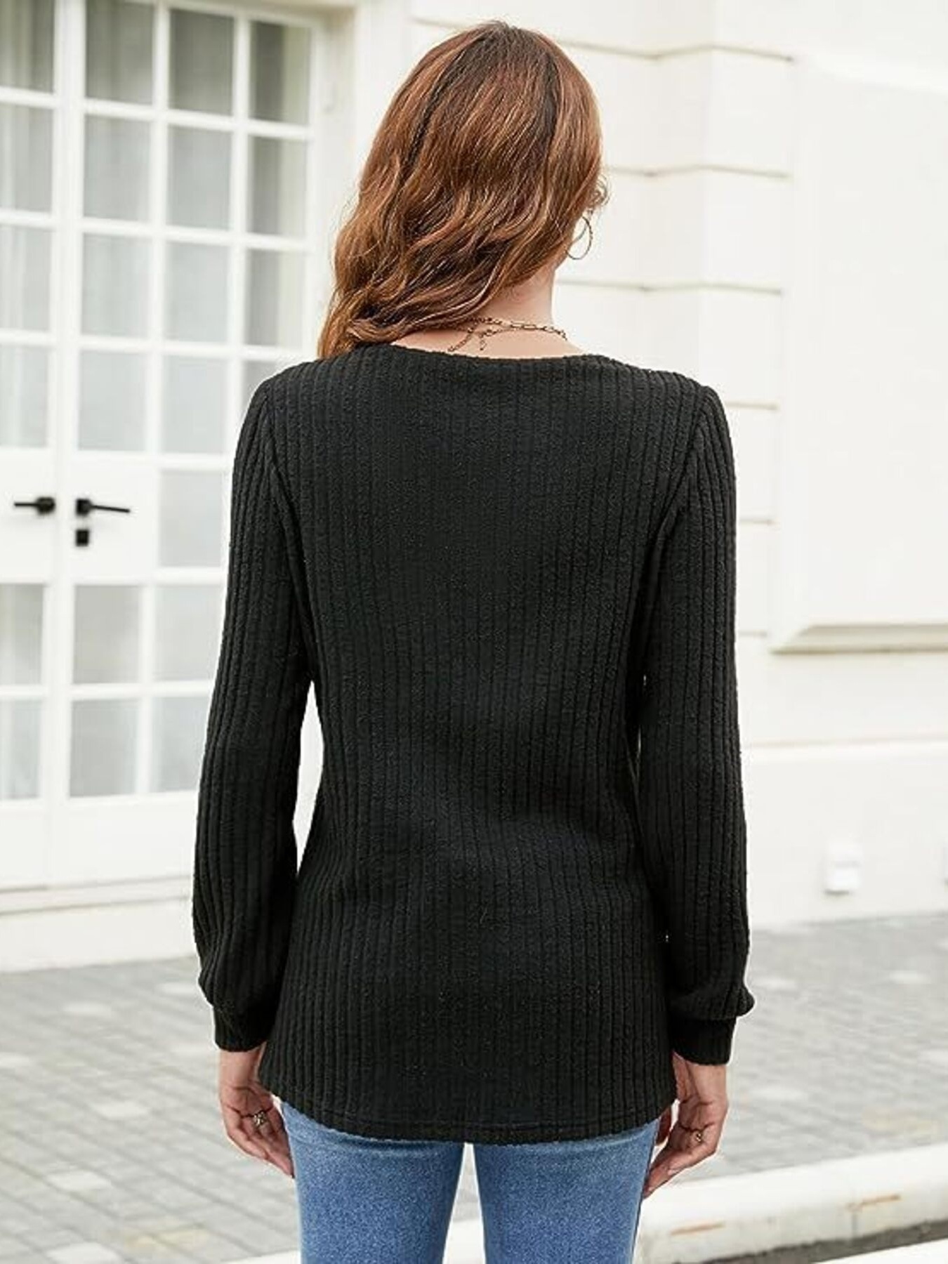 V-Neck Ribbed Long Sleeve Knit Top