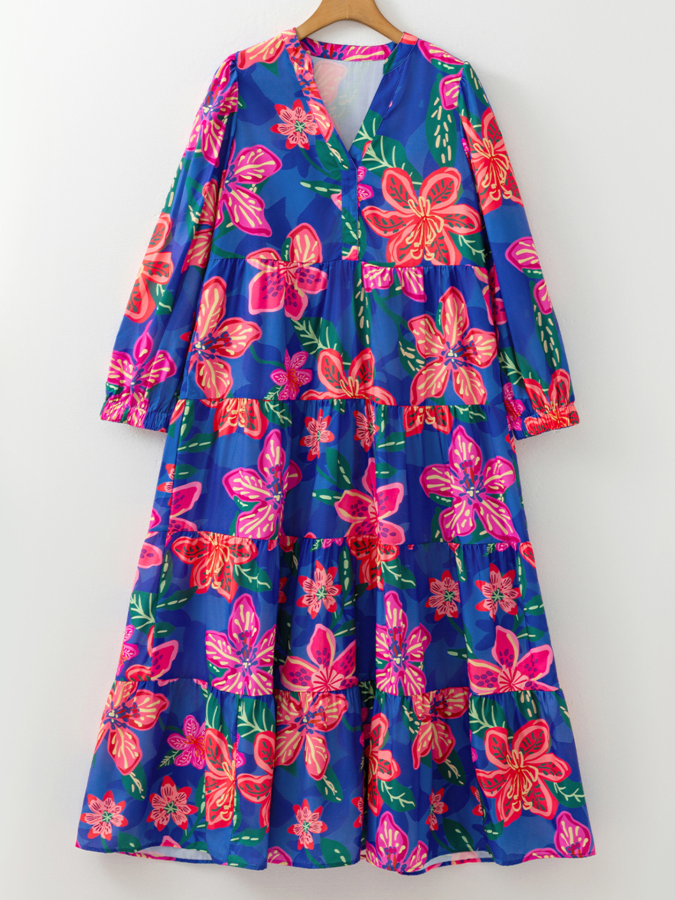 Floral Print 3/4 Sleeve V Neck Tiered Dress