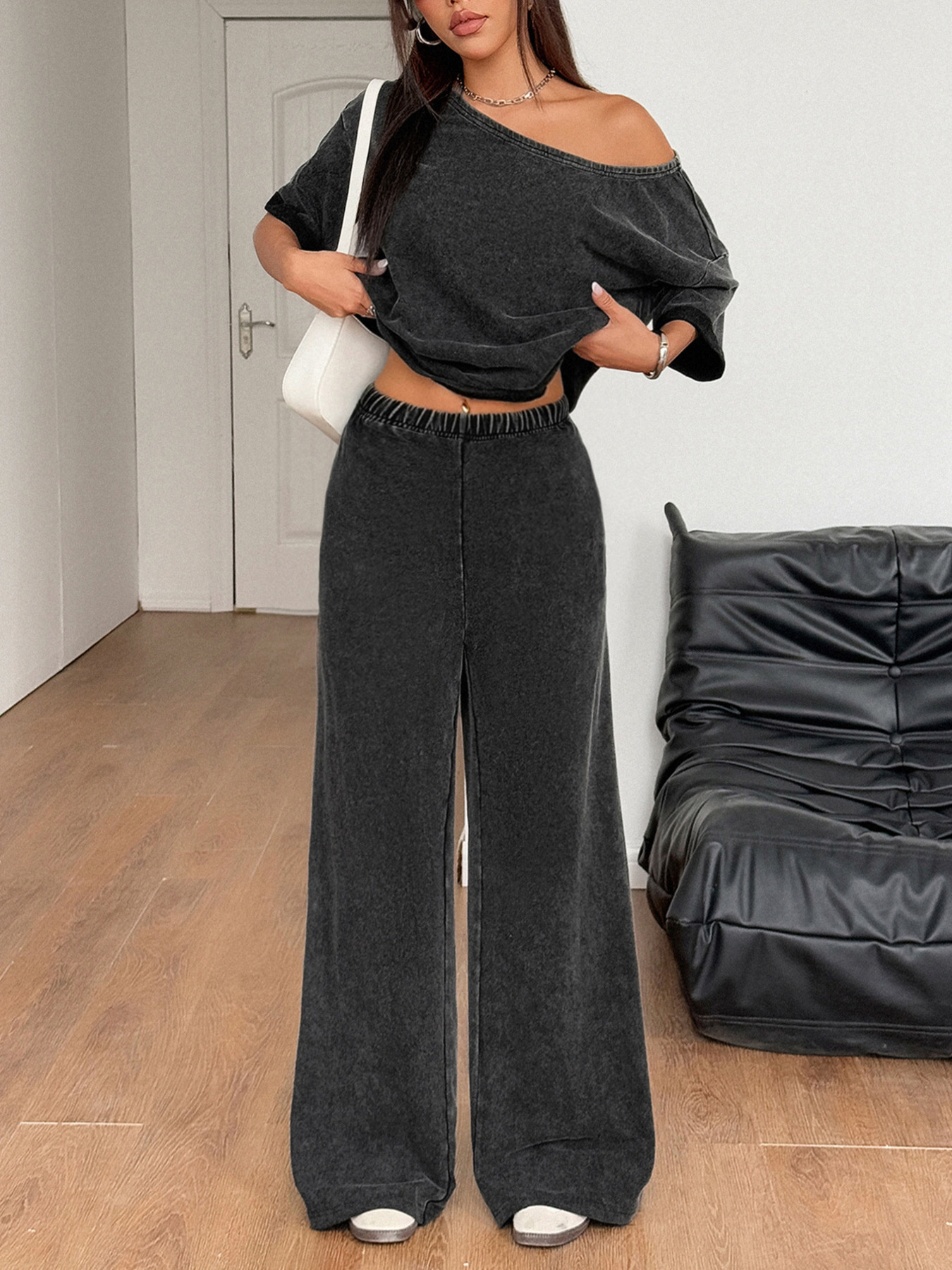 Washed Boat Neck T-Shirt and Pants Set