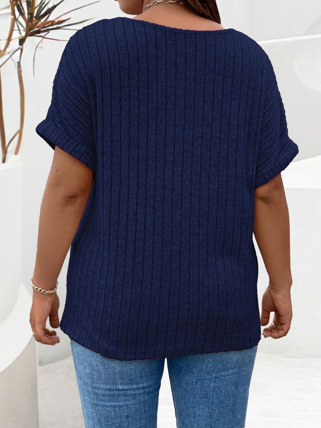 Plus Size Ribbed Half Zip Relaxed Fit T-Shirt