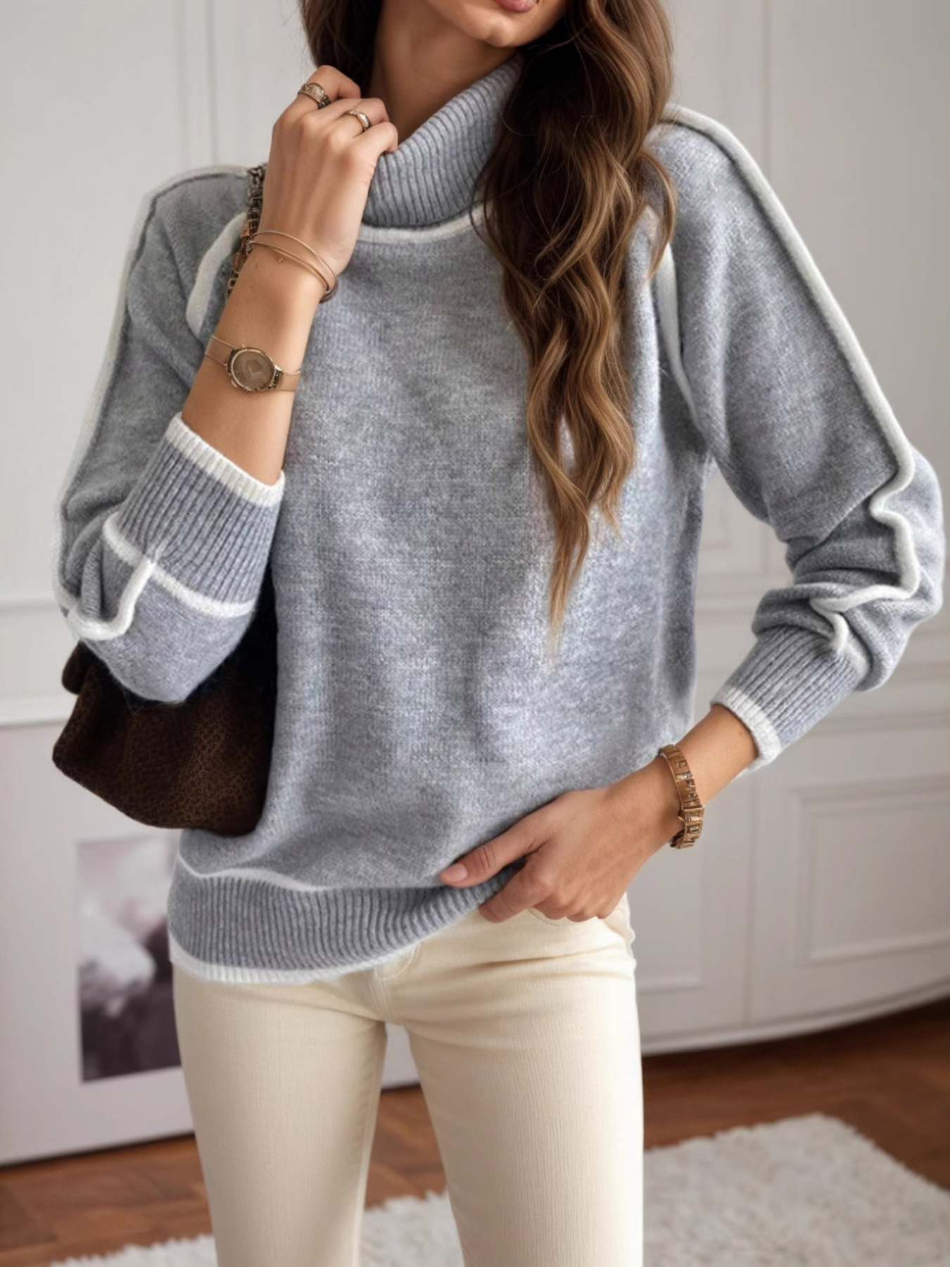 Turtleneck Contrast Trim Sweater with Ribbed Details