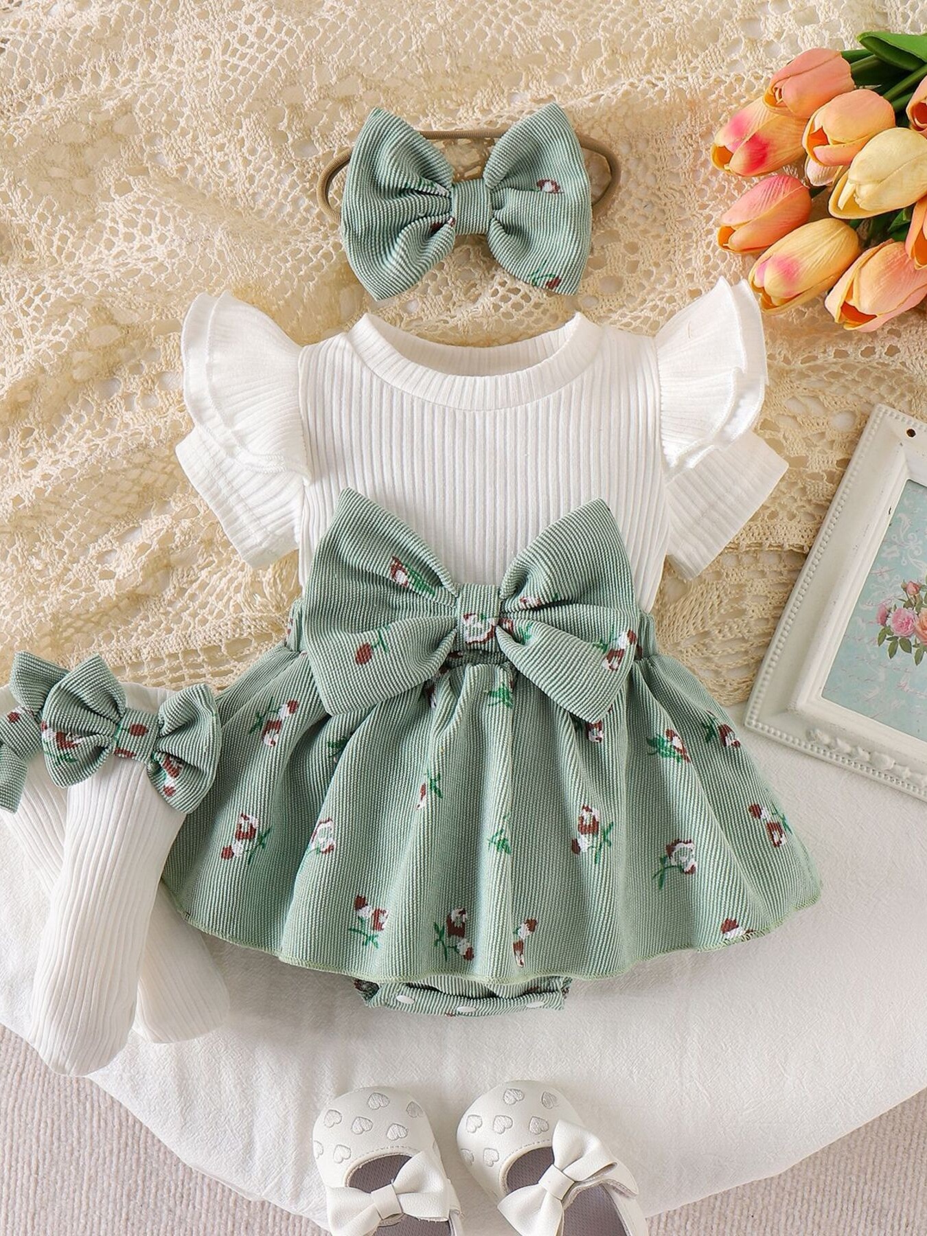 Children's Bow Ribbed Knit Dress & Headband & Socks Set