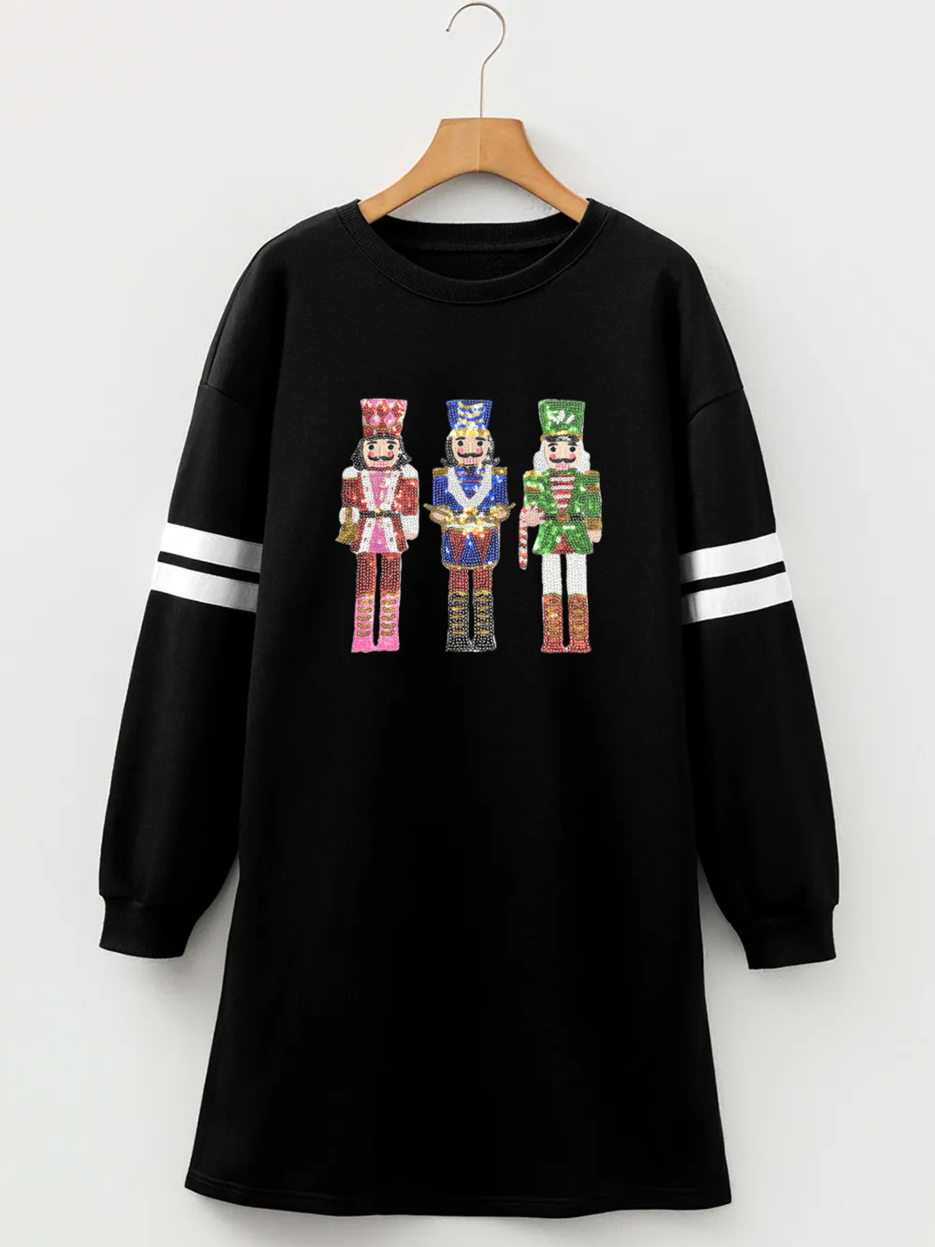 Christmas Sequin Nutcracker-man Graphic Varsity Striped Sleeve Sweatshirt Dress