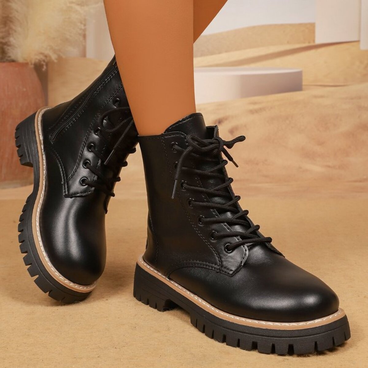 Lace Up Leather Combat Boots with Chunky Sole