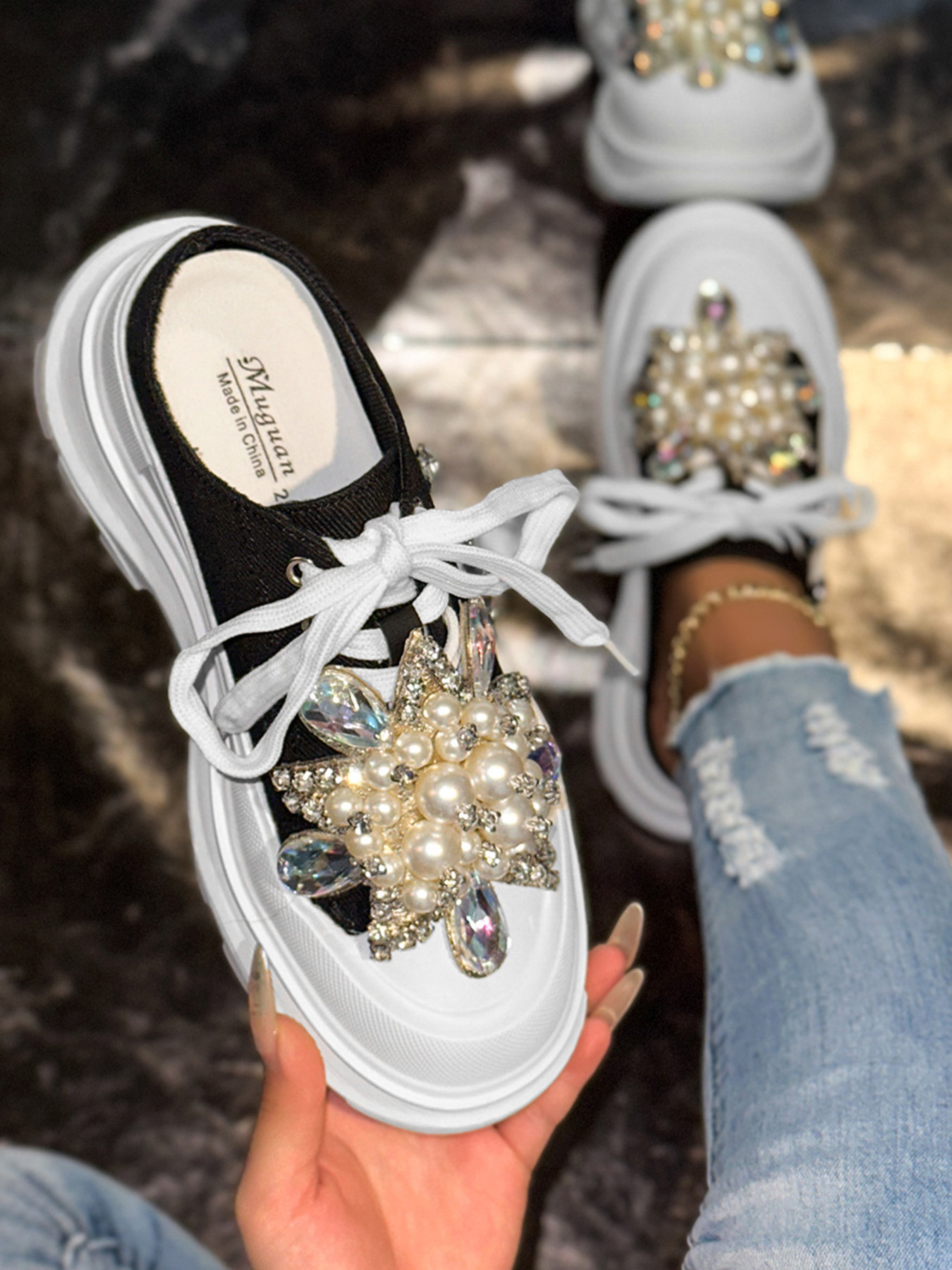 Pearl Embellished Platform Slip-Ons