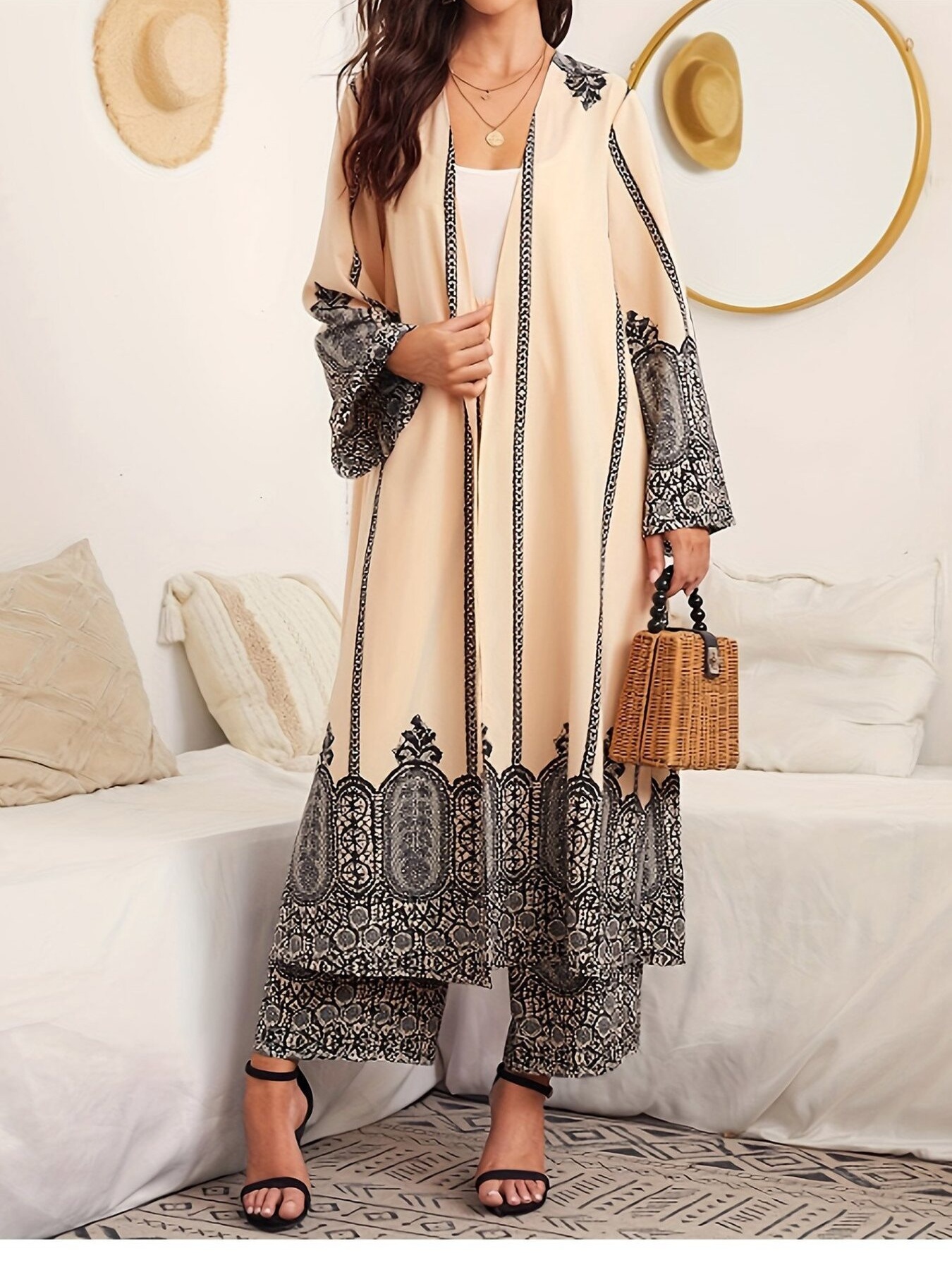 Printed Open Front Long Sleeve Cardigan & Pants Set