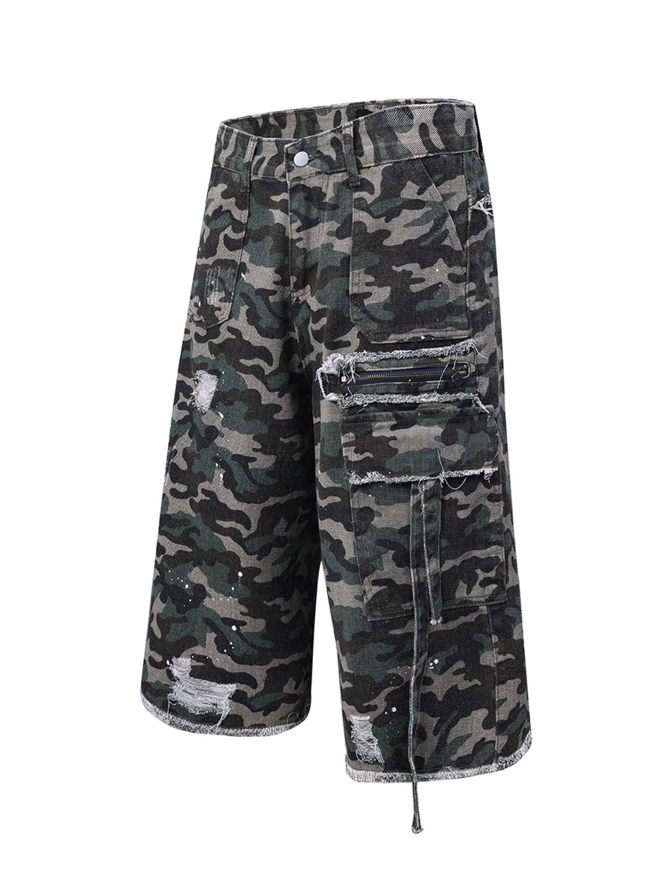 Men's Camo Print Cargo Denim Shorts with Multiple Pockets