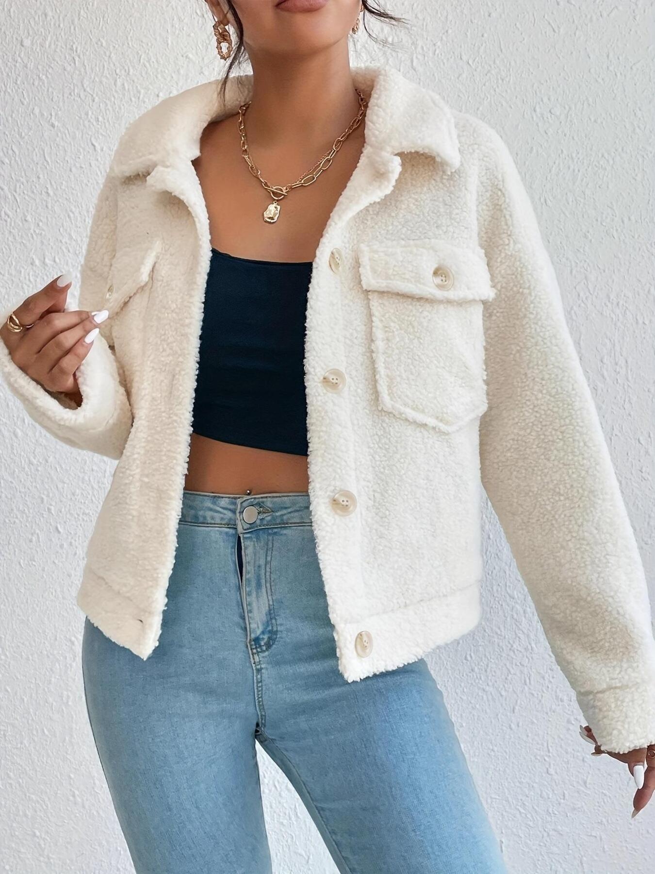 Full Size Cozy Faux Shearling Button-Up Jacket Plus Size