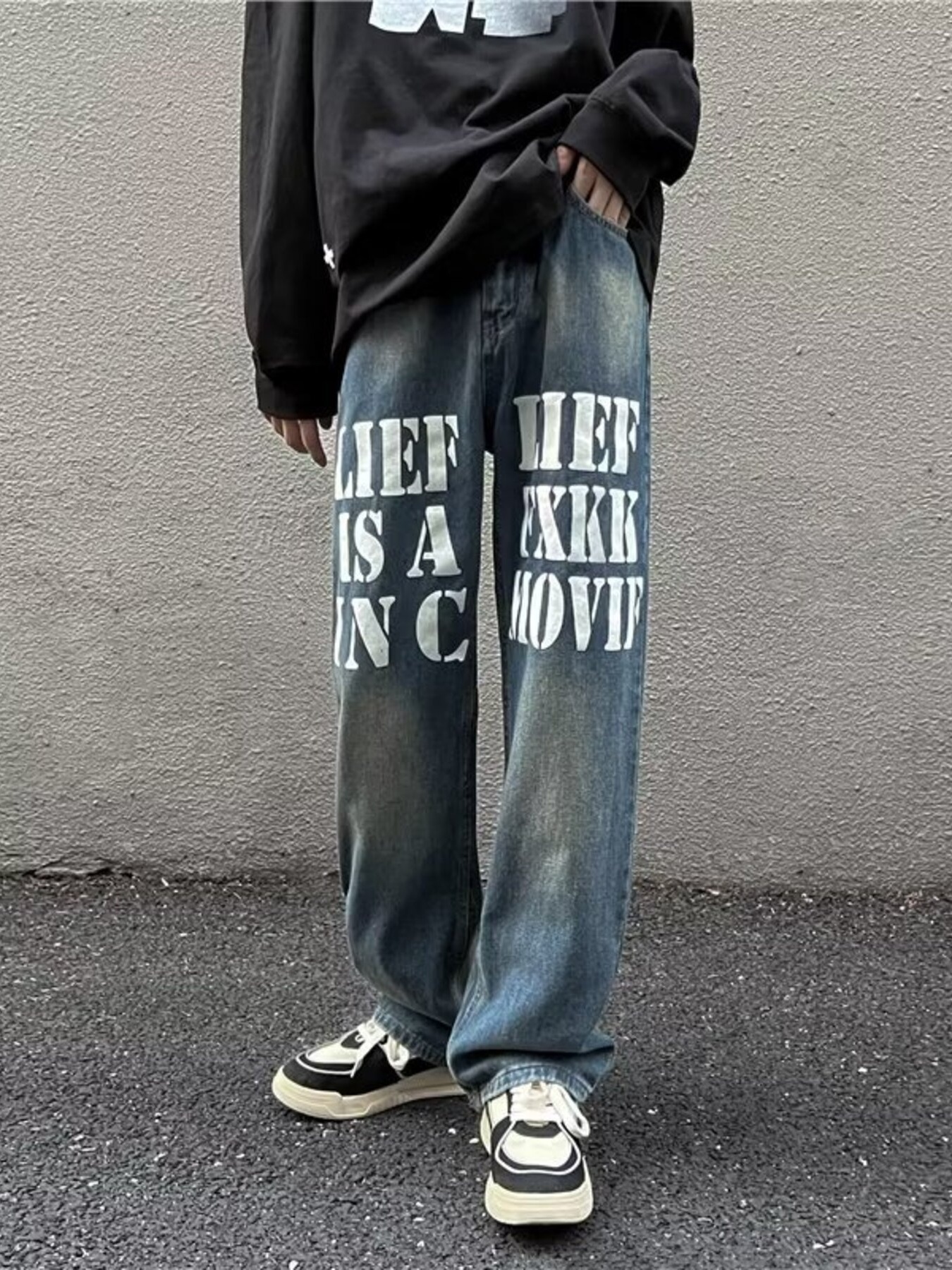 Men's Full Size Letter Graphic Wide Leg Jeans Plus Size