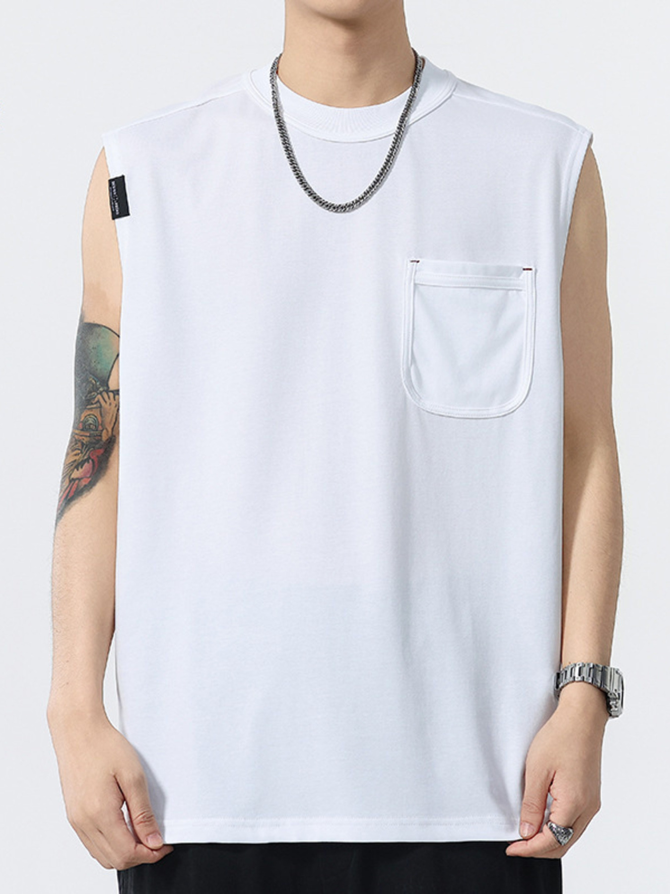 Men's Plus Size Round Neck Tank with Chest Pocket