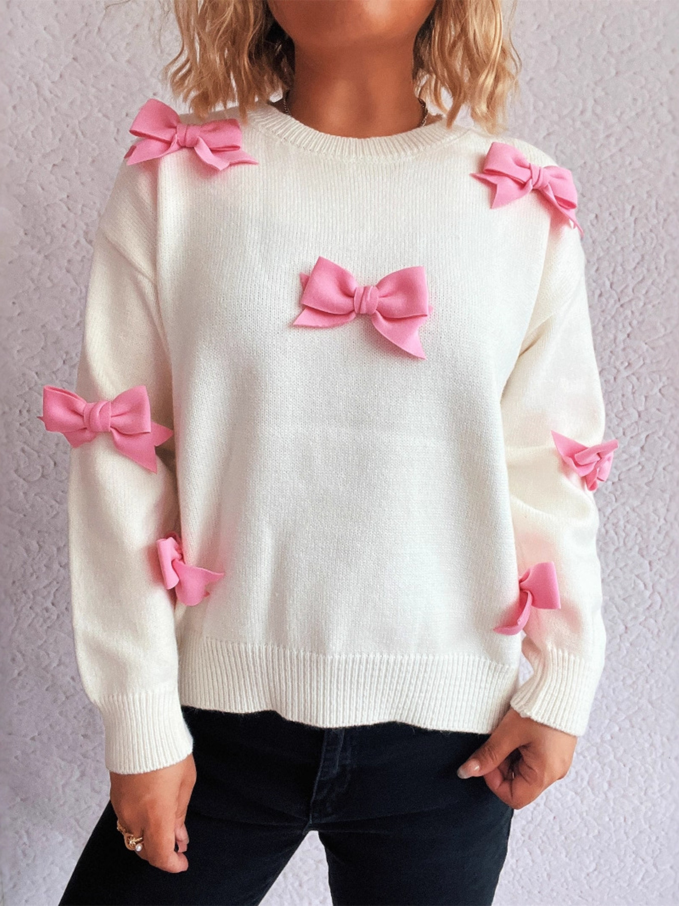 Bow Round Neck Long Sleeve Sweater