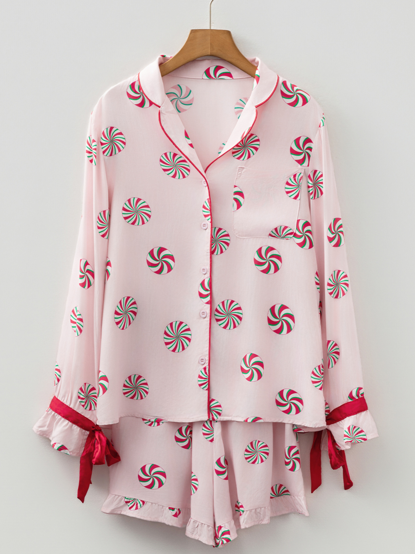 Christmas Candy Contrast Trim Bow Knot Top and Shorts 2pcs Pajama Set